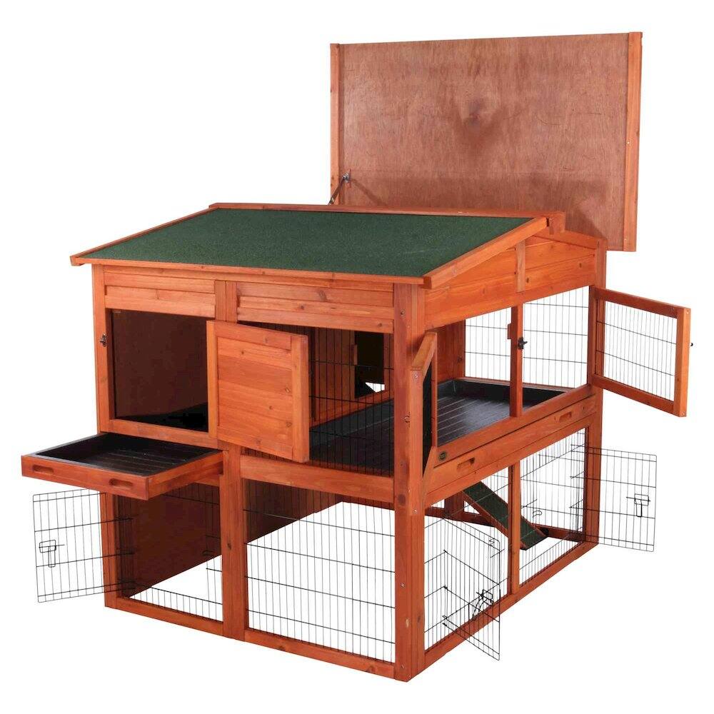 Alt View 2. TRIXIE - Deluxe Weatherproof Outdoor 2-Story Large Wooden Small Animal Hutch, Run, Tray - Brown.
