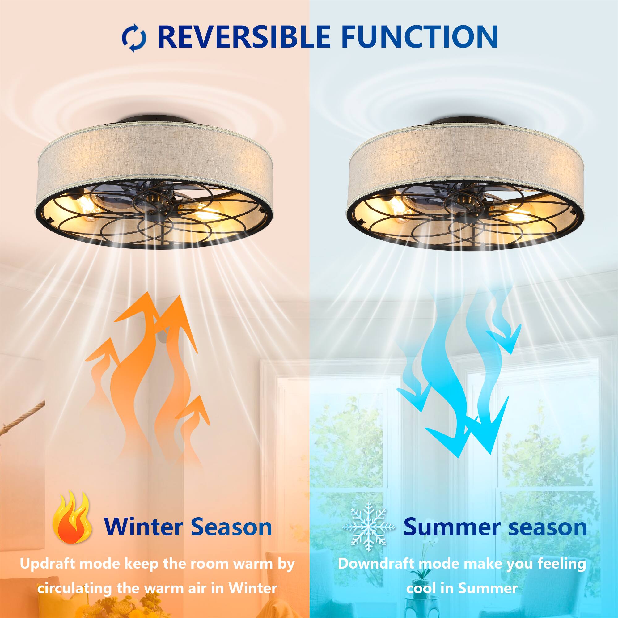 REVERSIBLE FUNCTION

Winter Season  
Updraft mode keeps the room warm by circulating the warm air in Winter

Summer Season  
Downdraft mode makes you feel cool in Summer