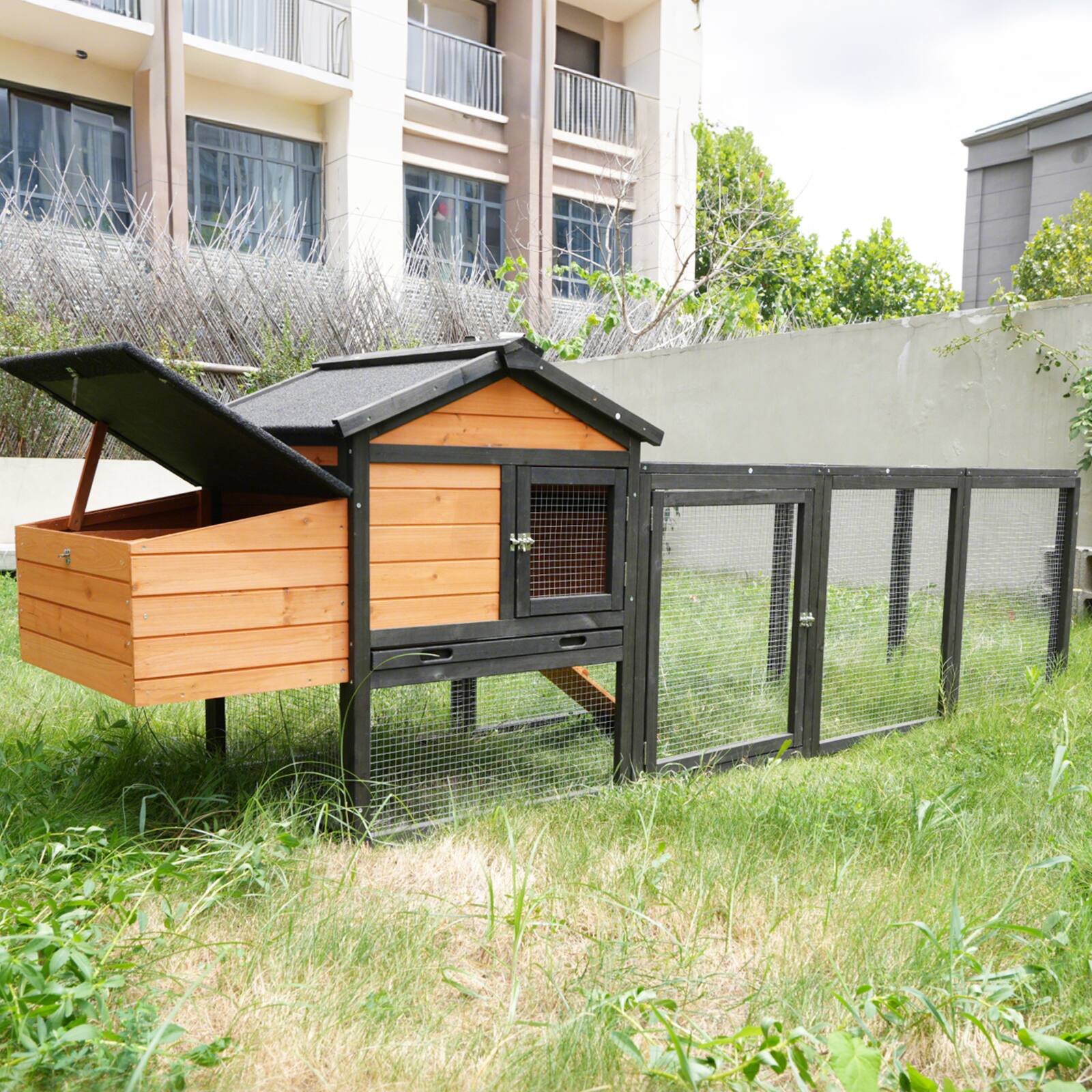 Back. Mondawe - 107" Fir Wood Chicken Coop Outdoor Hen House Poultry Cage w/ Nesting Box, Rabbit Hutch - Brown.