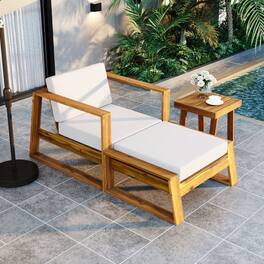 Mondawe - Acacia Wood Outdoor Lounge Set - Chair and Ottoman with Removable Cushions - Natural+Beige