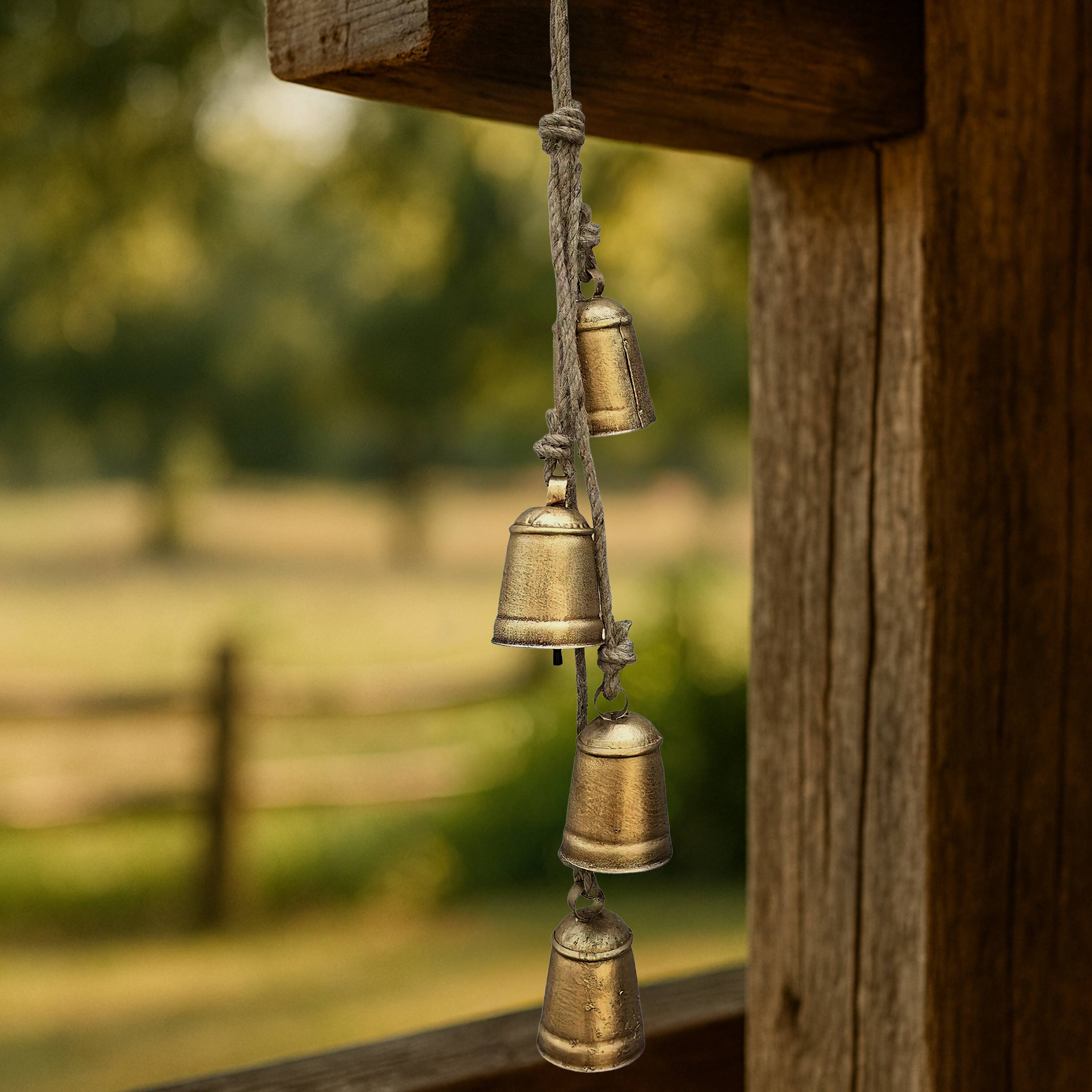 Alt View 9. Manhattan Lane - Zema Rustic Iron Hanging Bells Wall Decor, Cylindrical Cowbell on 28 Inch Jute Rope - Gold.