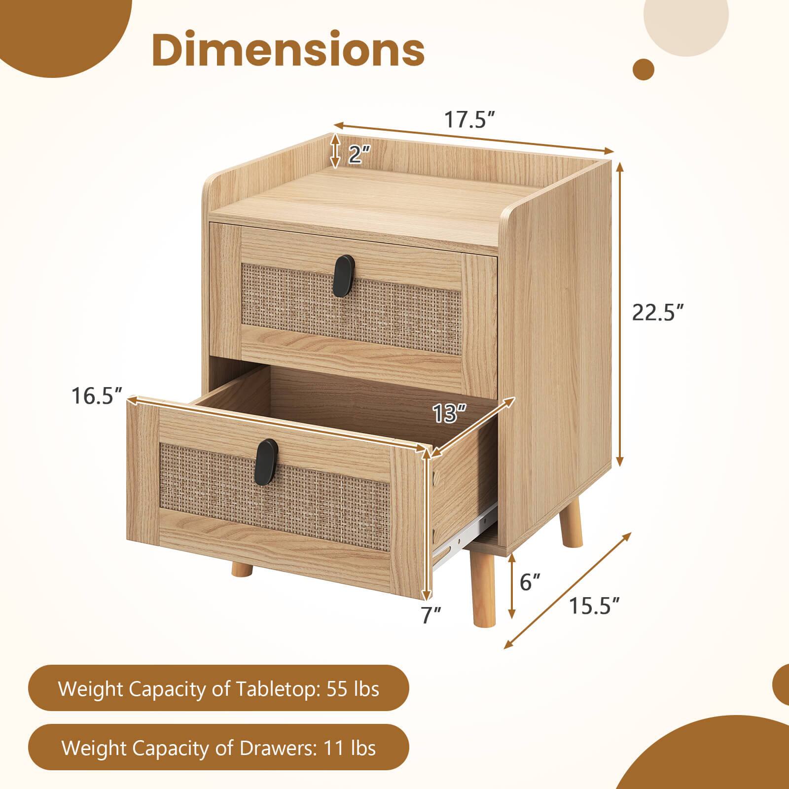 Dimensions:  
- Height: 17.5"  
- Width: 22.5"  
- Depth: 16.5"  
- Drawer Height: 7"  
- Drawer Width: 13"  
- Drawer Depth: 15.5"  
- Overall Height: 2"  

Weight Capacity:  
- Tabletop: 55 lbs  
- Drawers: 11 lbs