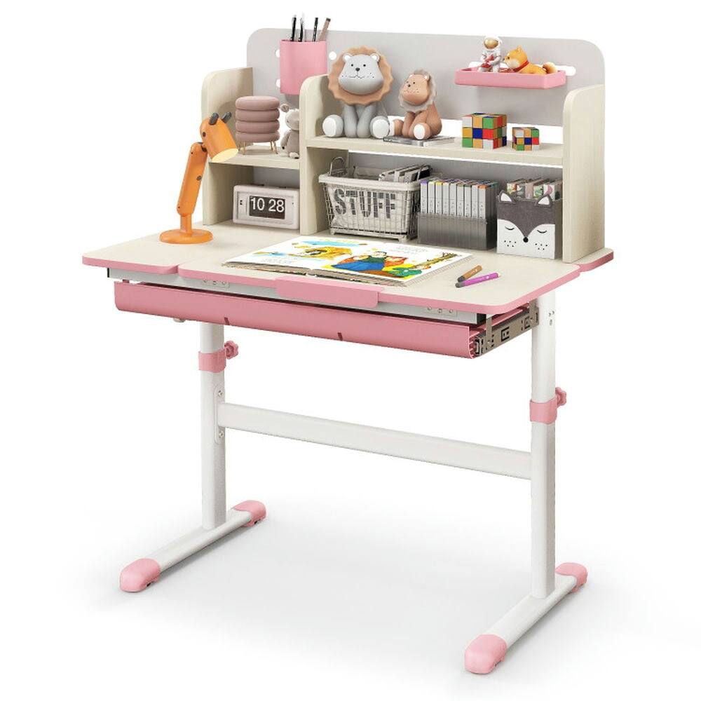 Angle. Kadyn - Height Adjustable Kids Study Desk with Tilt Desktop for 3-12 Years Old-Pink, Small Folding Table for Crafts, Snack Time - White.