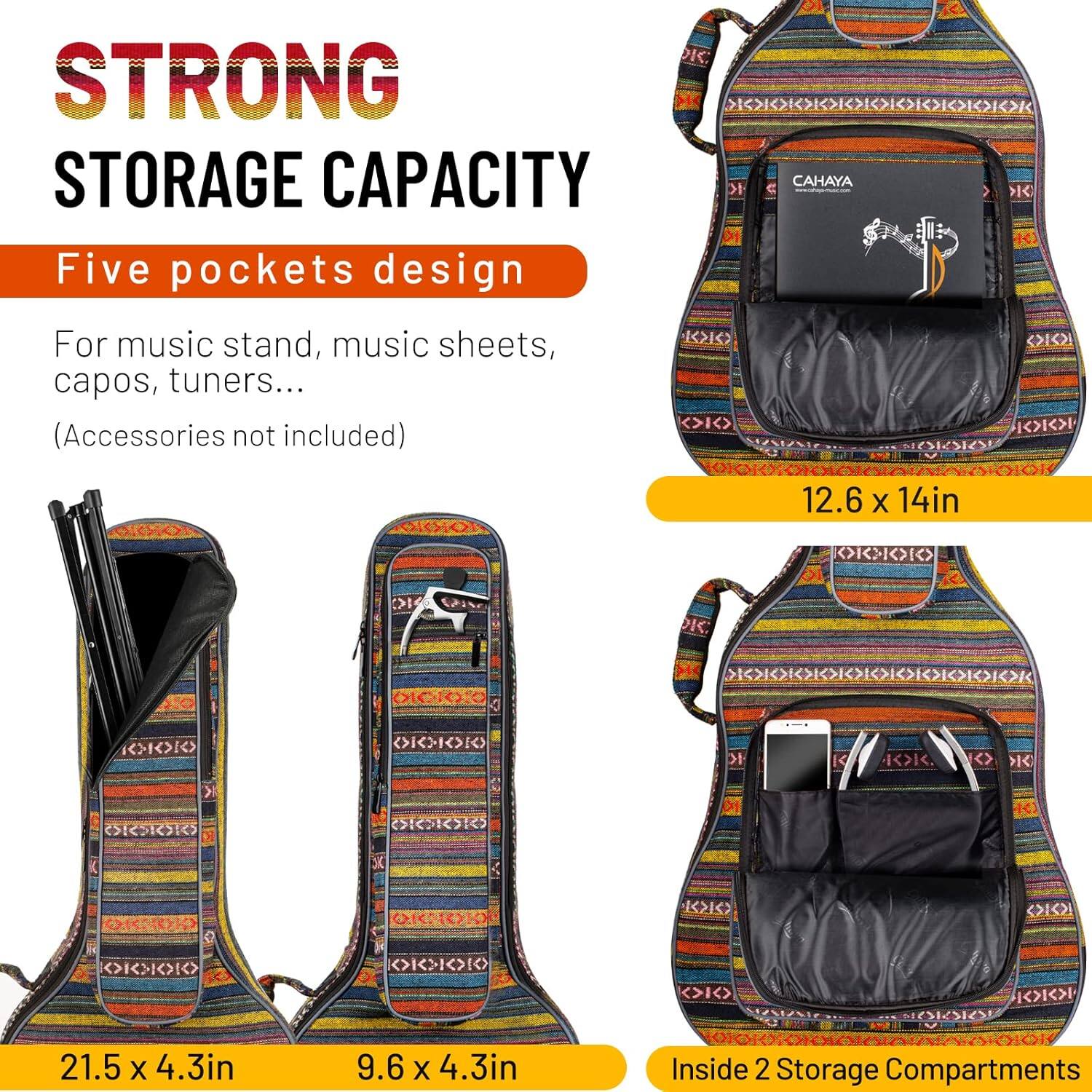 STRONG STORAGE CAPACITY  
Five pockets design  

For music stand, music sheets, capos, tuners...  
(Accessories not included)  

12.6 x 14in  
21.5 x 4.3in  
9.6 x 4.3in  

Inside 2 Storage Compartments
