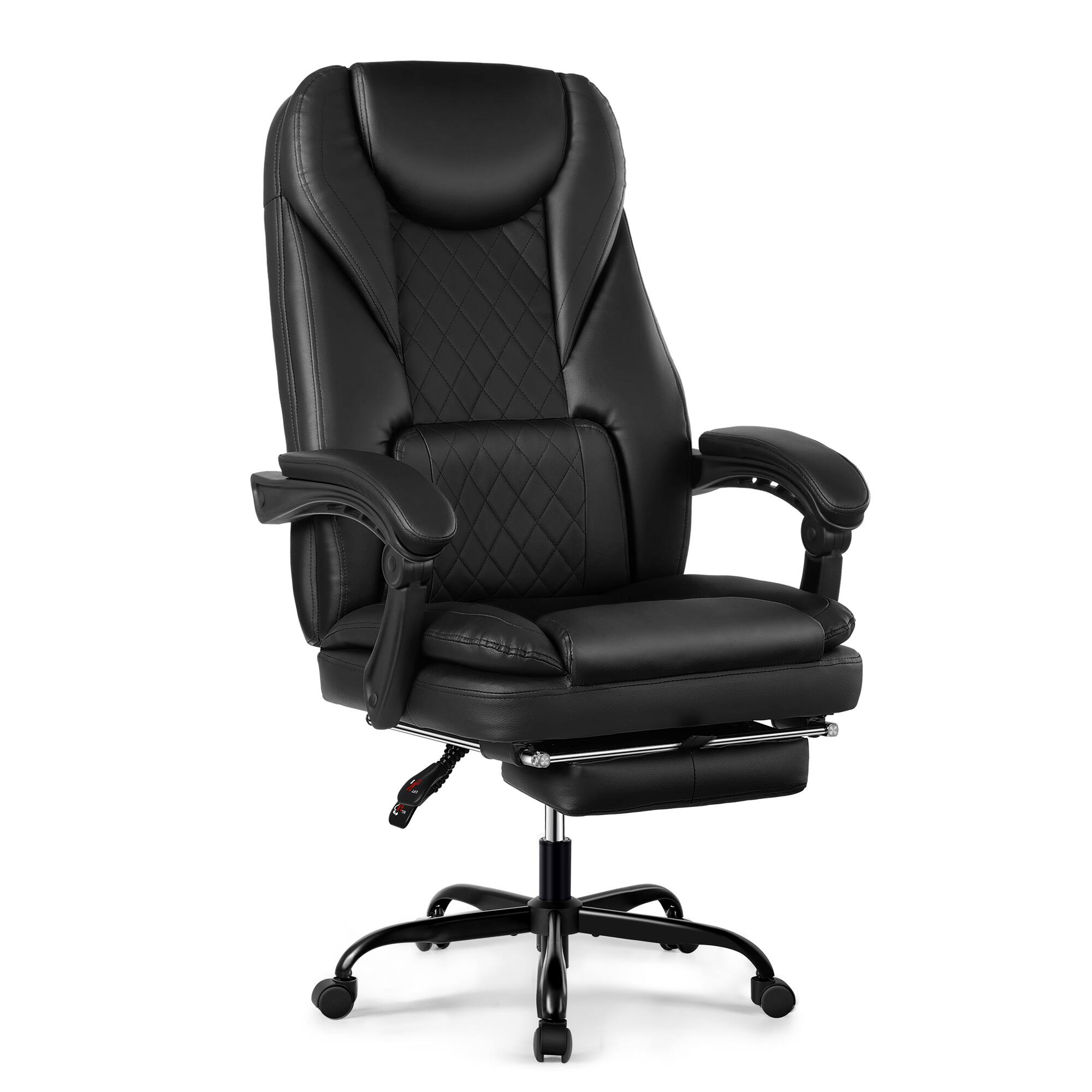 Left. Brick Attic - High-Back Genuine Leather Executive Office Chair, Reclined, with Wumbar Support and Footrest, 300 lbs Weight Capacity - Black.