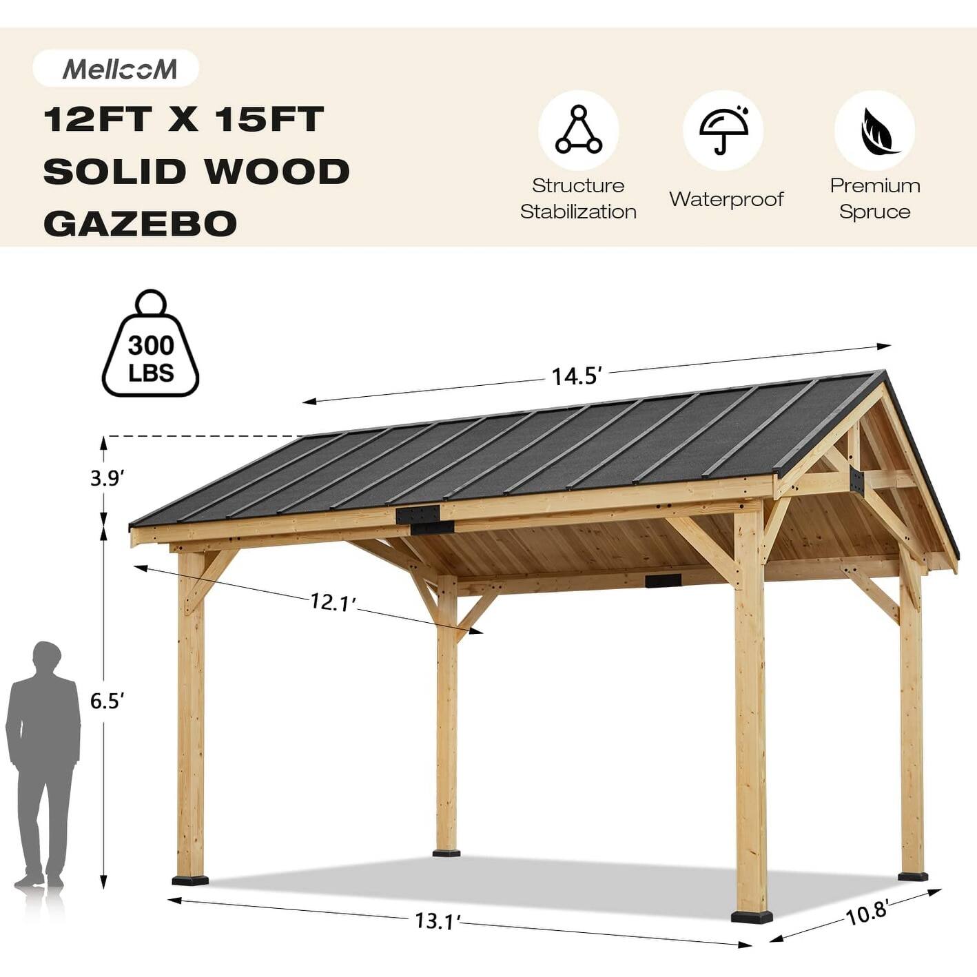 MellcoM  
12FT X 15FT SOLID WOOD GAZEBO  
Structure Stabilization  
Waterproof  
Premium Spruce  
300 LBS  
14.5'  
3.9'  
12.1'  
6.5'  
13.1'  
10.8'