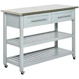 Homcom - Kitchen Island with Stainless Steel Top, Traditional Kitchen Island with Storage, 2-Tier Open Shelves, Drawers - Gray