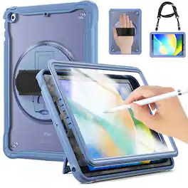 Dteck - Rugged Case for Apple iPad (9th Generation) 10.2" 2021 Built-in Screen Protector, Shockproof Kickstand Cover with Strap - Gray