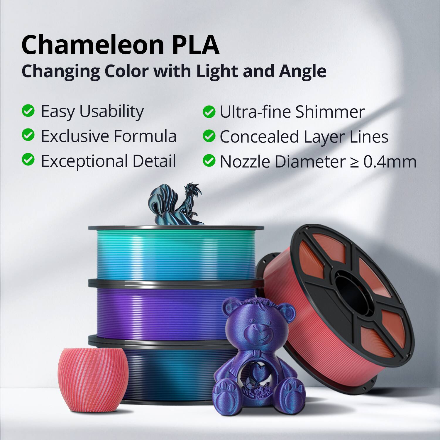 Chameleon PLA Changing Color with Light and Angle

- Easy Usability
- Exclusive Formula
- Exceptional Detail
- Ultra-fine Shimmer
- Concealed Layer Lines
- Nozzle Diameter ≥ 0.4mm