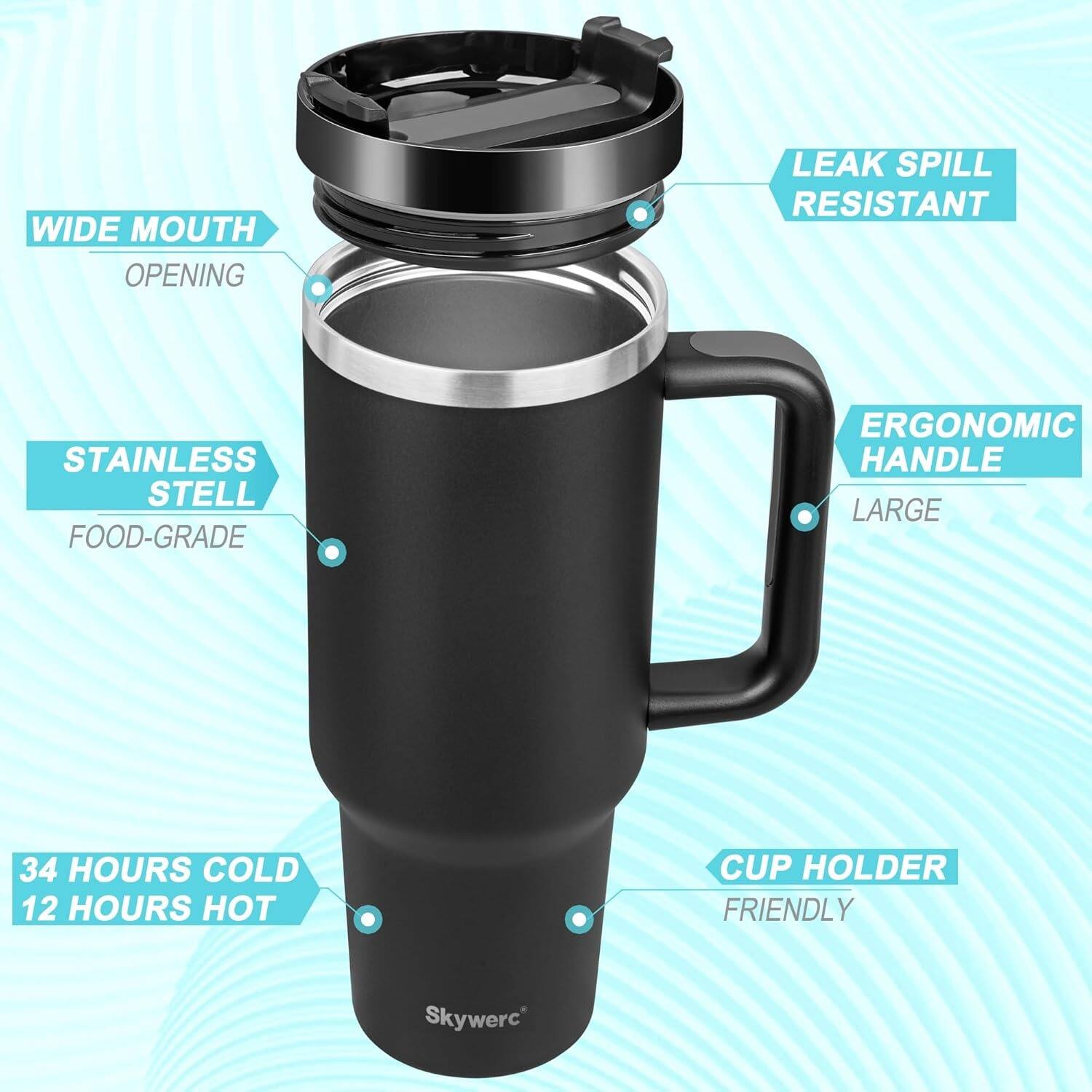 WIDE MOUTH OPENING, LEAK SPILL RESISTANT, STAINLESS STEEL FOOD-GRADE, ERGONOMIC HANDLE, LARGE, 34 HOURS COLD, 12 HOURS HOT, CUP HOLDER FRIENDLY, Skywerc