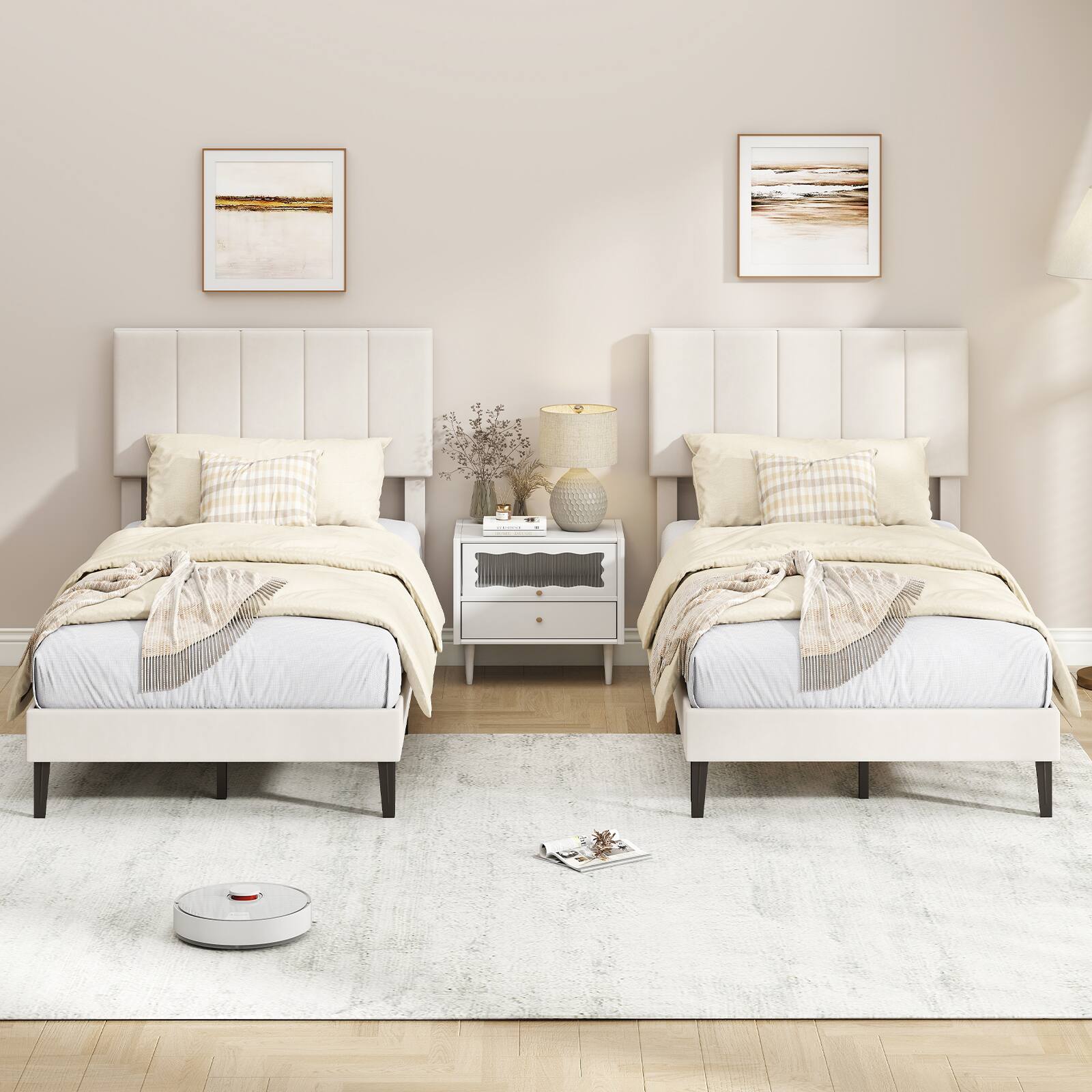 Alt View 4. Costway - Costway Twin Size Velvet Bed Frame,Upholstered Platform Bed with Adjustable Headboard - Beige.