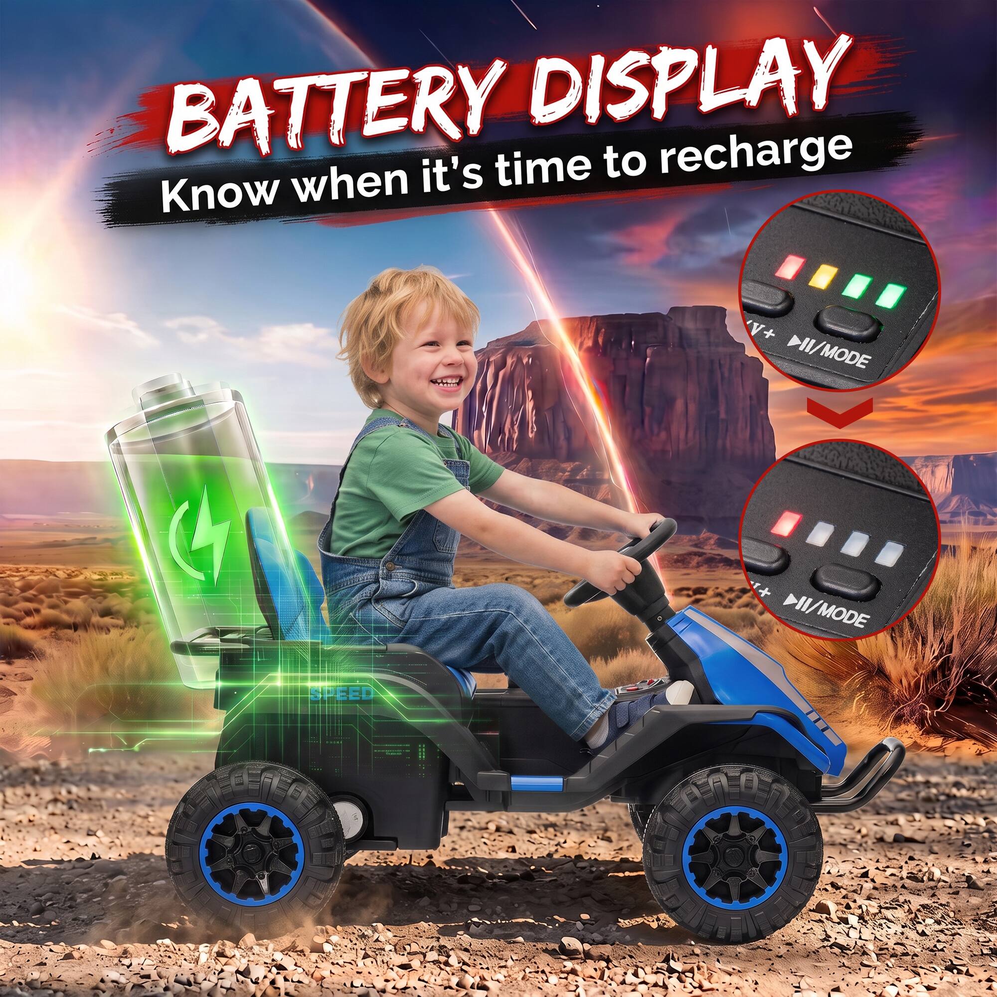 BATTERY DISPLAY  
Know when it's time to recharge  

V+ DII/MODE  
DII/MODE  

SPEED