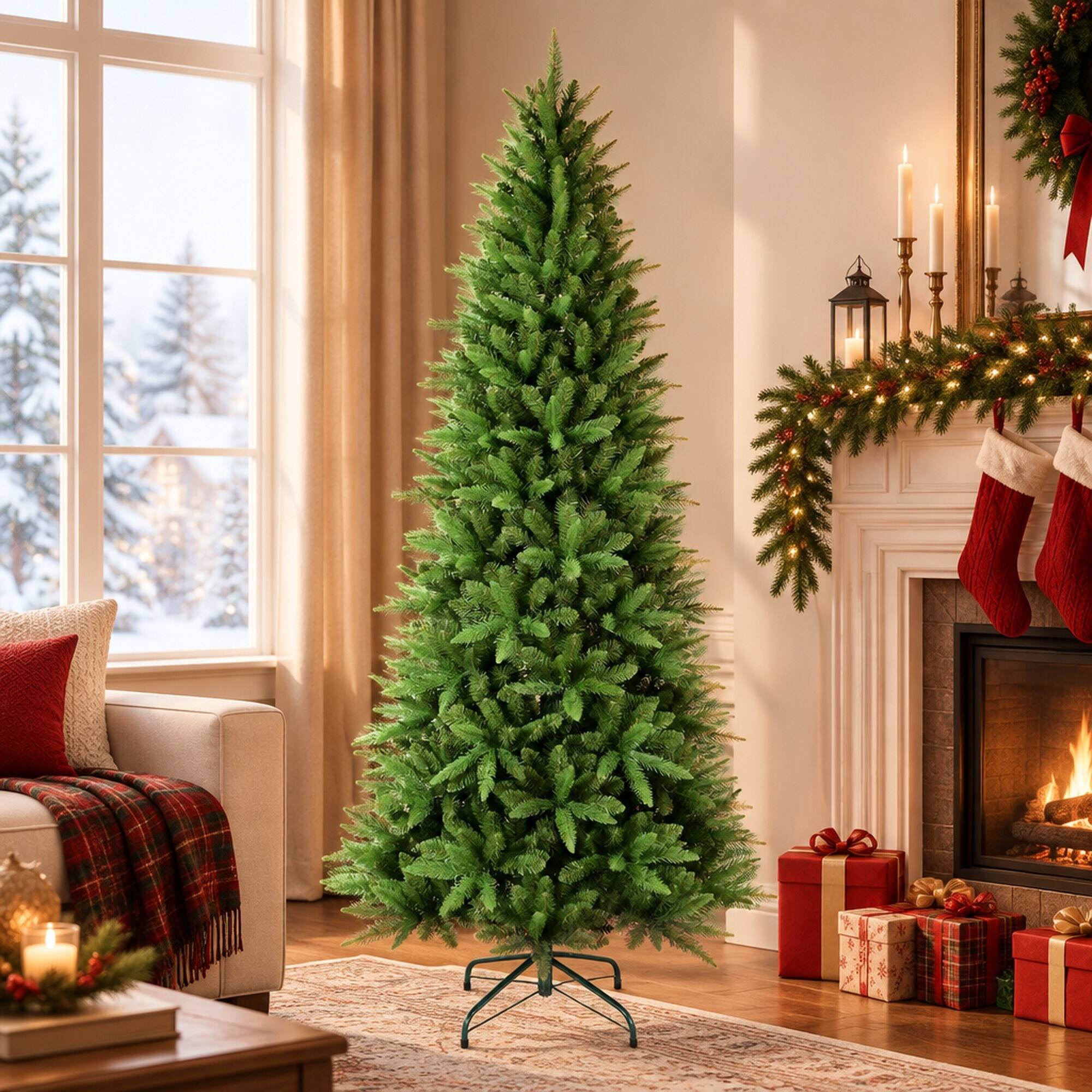 Left. RYHNUYNE - 7FT Slim Artificial Christmas Tree With 1180 PE and PVC Tips and Hinged Branches, Metal Stand for Small Spaces - Green.