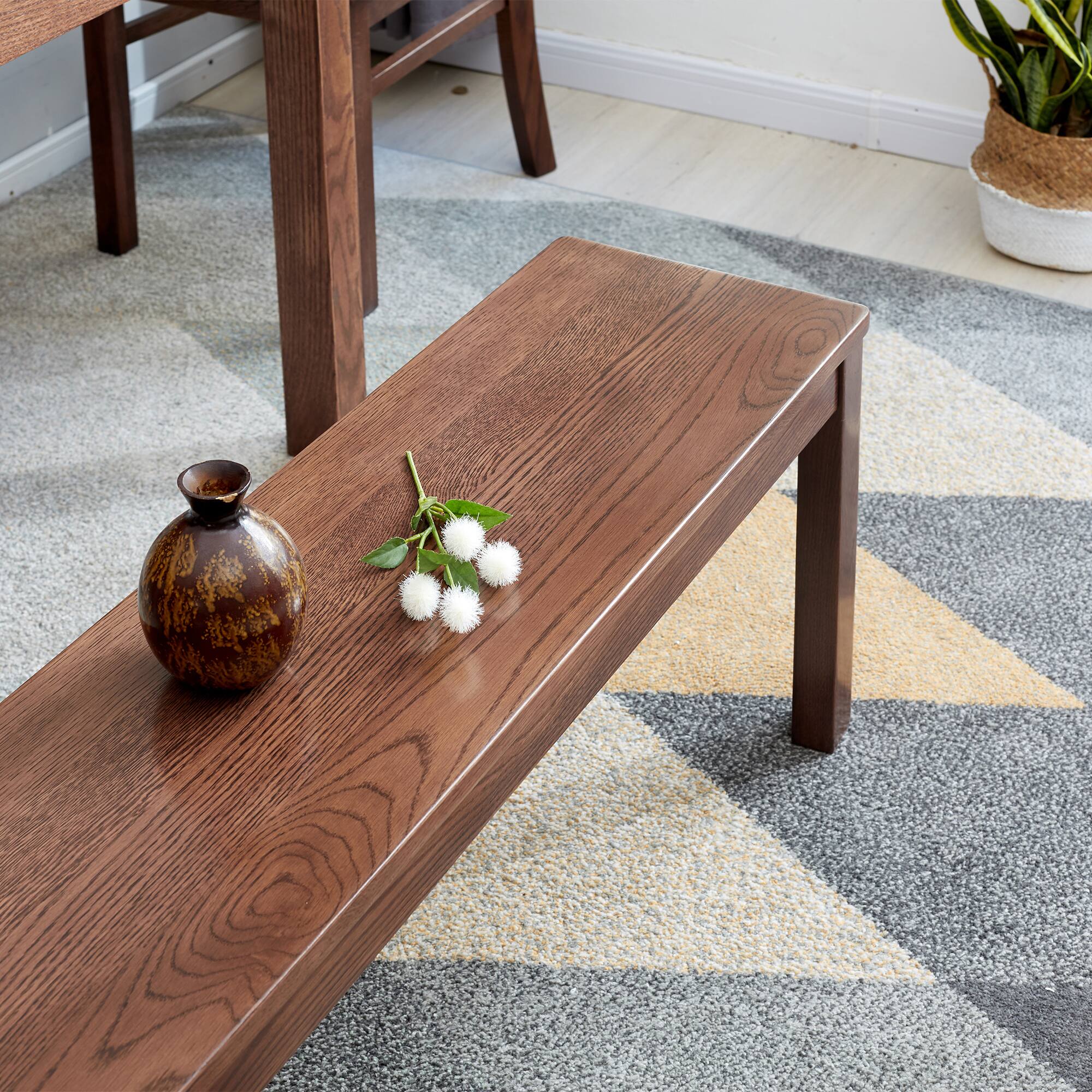 Angle. Bestier - 47inch Walnut Color Solid Wood Classic Dining Bench for Living Room - Walnut.