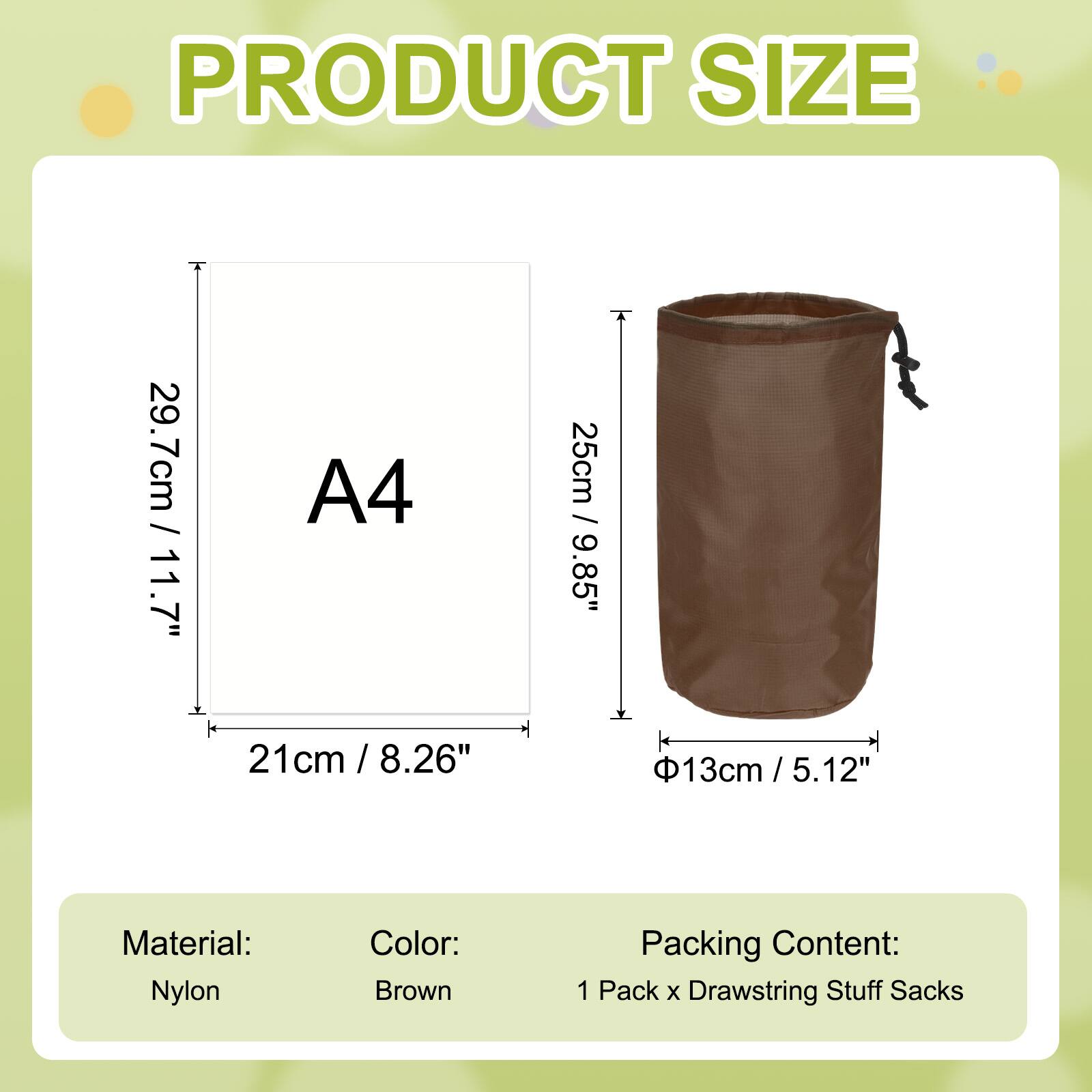 PRODUCT SIZE

A4  
29.7cm / 11.7"  
21cm / 8.26"  
25cm / 9.85"  
Φ13cm / 5.12"

Material: Nylon  
Color: Brown  
Packing Content: 1 Pack x Drawstring Stuff Sacks