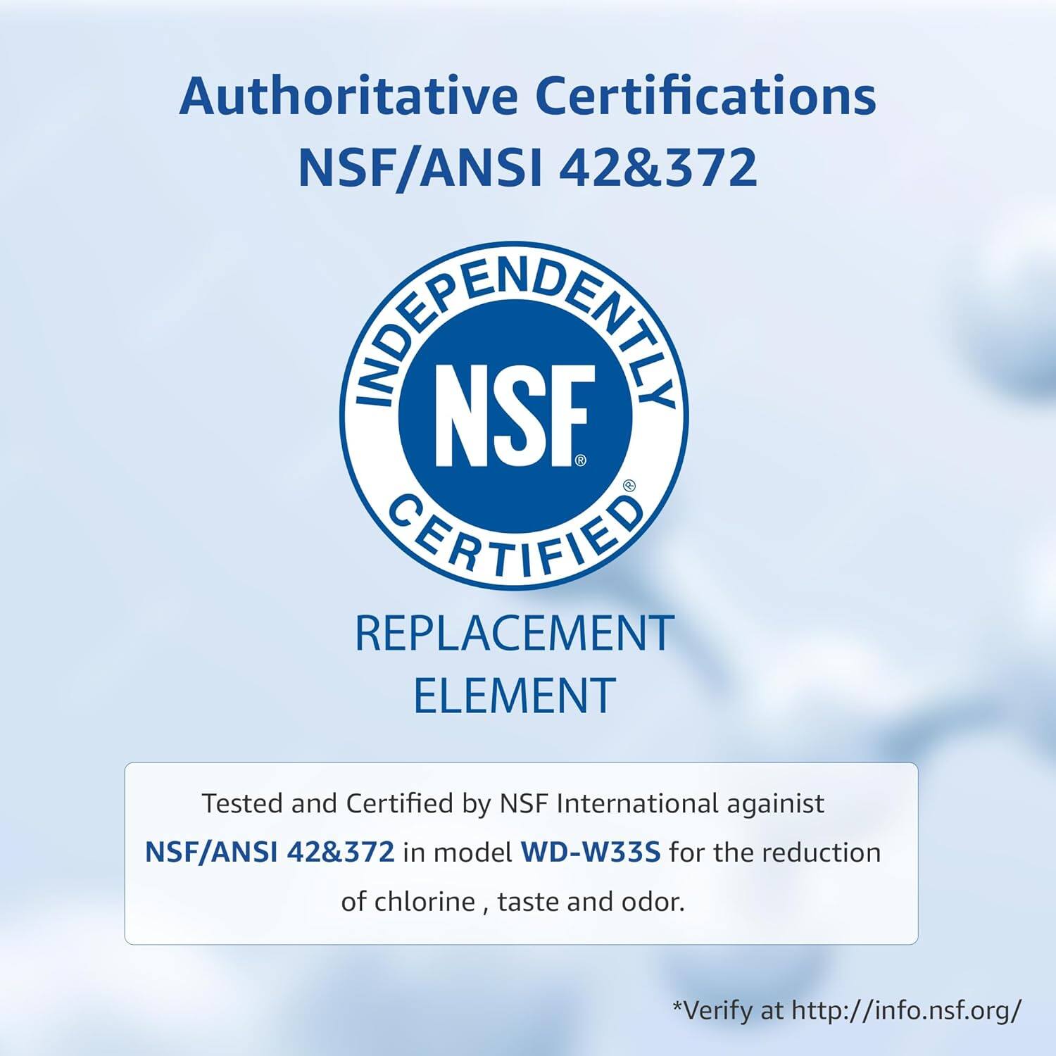 Authoritative Certifications  
NSF/ANSI 42&372  

INDEPENDENTLY  
NSF CERTIFIED  

REPLACEMENT ELEMENT  

Tested and Certified by NSF International against NSF/ANSI 42&372 in model WD-W33S for the reduction of chlorine, taste and odor.  

*Verify at http://info.nsf.org/