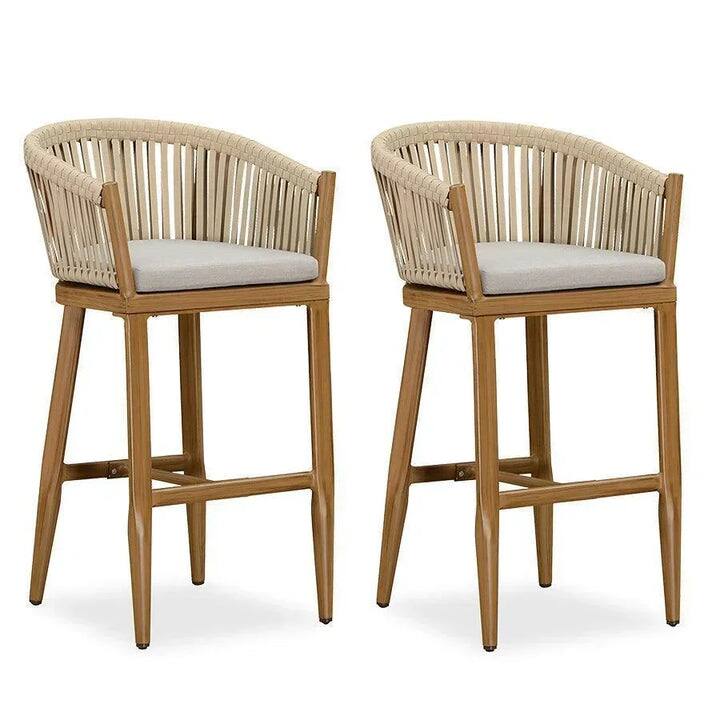 PURPLE LEAF - Outdoor Counter/Bar Height Stools Set of 2 Rattan Wicker Bar Chairs Woven Aluminum Barstools with Back and Cushions - Teak-Bar Stool