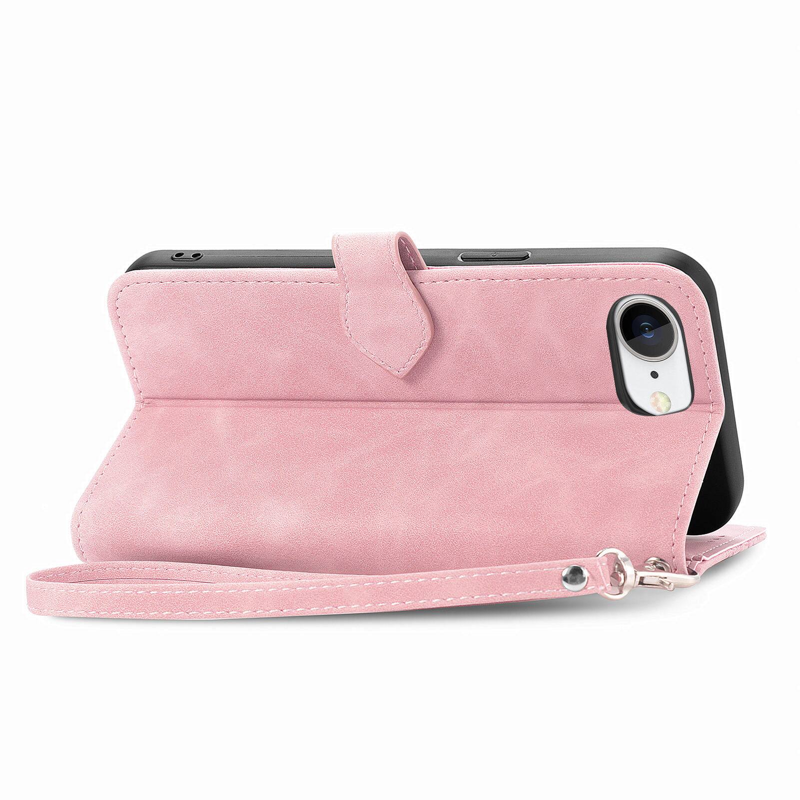 Left. Dteck - Wallet Case with Zipper Pocket + Stand for Apple iPhone 17e / 16e,Protective Folio Cover with 6 Card Slots & Wrist Strap - Pink.