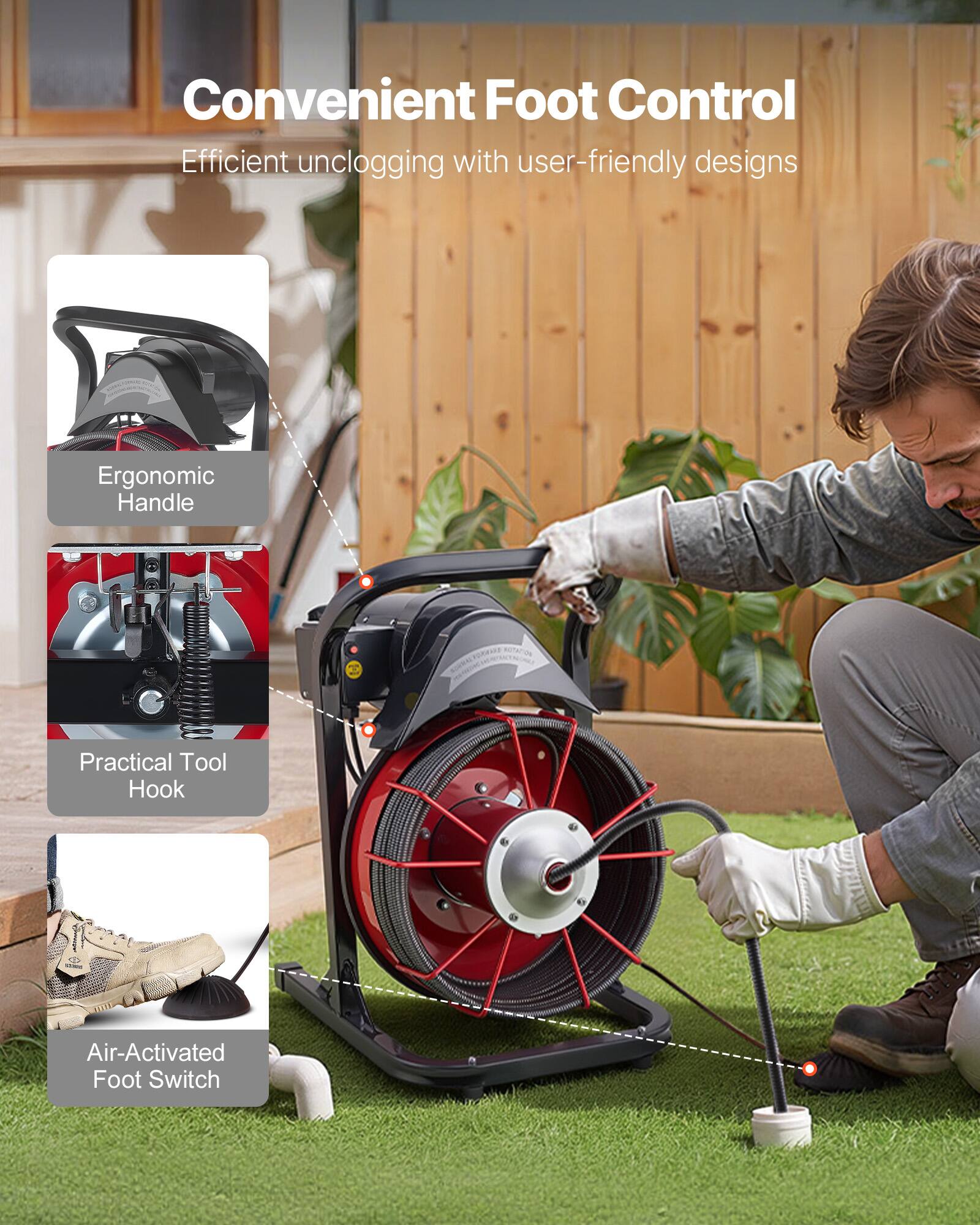 Convenient Foot Control  
Efficient unclogging with user-friendly designs  

Ergonomic Handle  
Practical Tool Hook  
Air-Activated Foot Switch