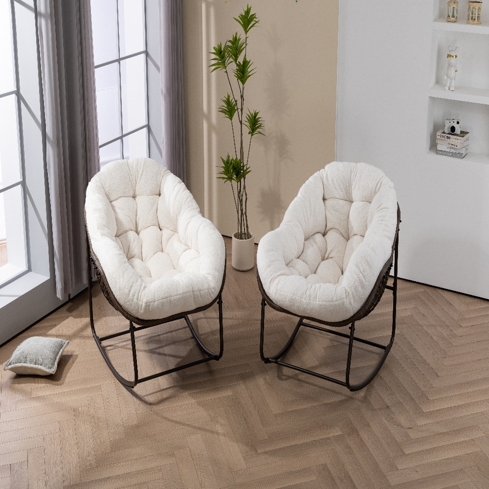 Loheer - Outdoor Rocking Chair Oversized Egg Chair Rattan Patio Rocker with Padded Cushion - White price history on PriceWatchPro