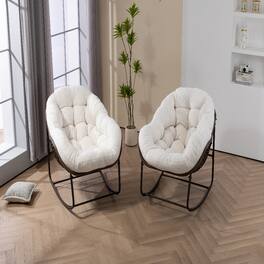 Loheer - Outdoor Rocking Chair Oversized Egg Chair Rattan Patio Rocker with Padded Cushion - White