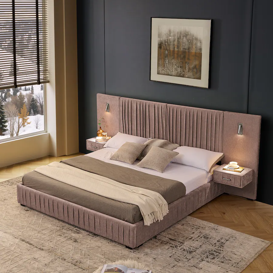 Bedside Table Spring Style Anysun King Chenille Upholstered Platform Bed with Pleated Design ...