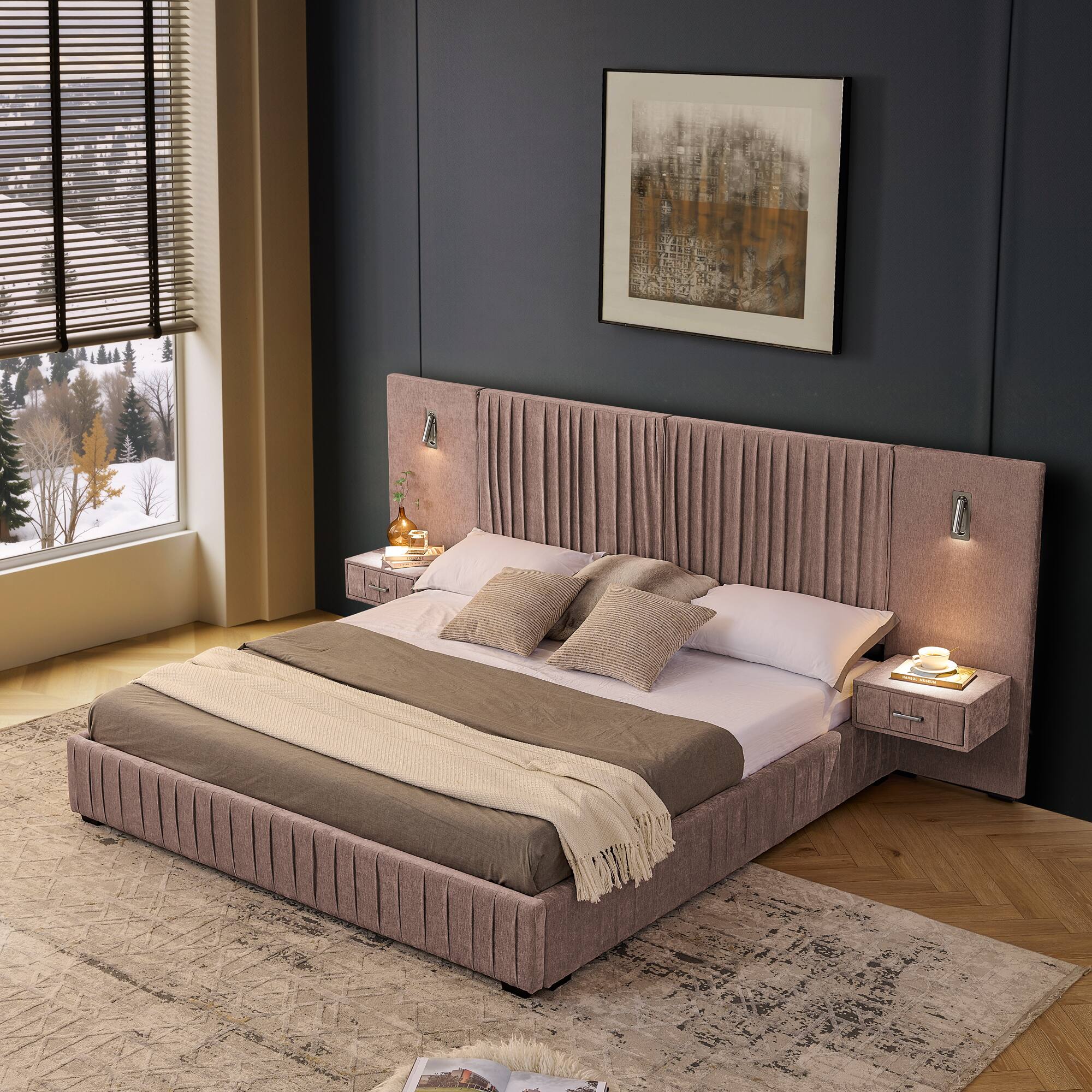 Angle. Anysun - King Chenille Upholstered Platform Bed with Pleated Design & Headboard - Solid Frame, Side Table, No Box Spring Needed - Pink.