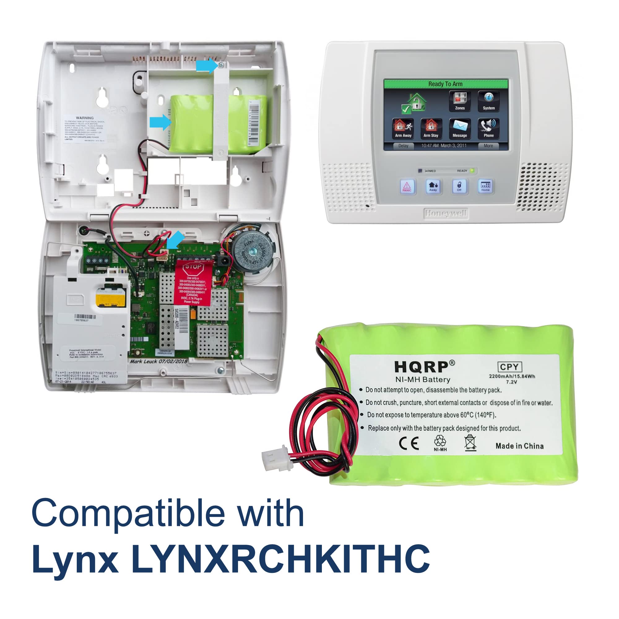 Ready To Arm

- - - - - -N - i - 1D40  M - More - i  Il Honnysunl BP  MUrk LOUR // HQRP CPY 2200mAH15.4W NI-MH Battery P.2V

Do not attempt to open, disassemble the battery pack. Do not crush, puncture, short external contacts or dispose of in fire or water. Do not expose to temperature above 60C (140F). Replace only with the battery pack designed for this product.

CE  MS Made in China

Compatible with Lynx LYNXRCHKITHC
