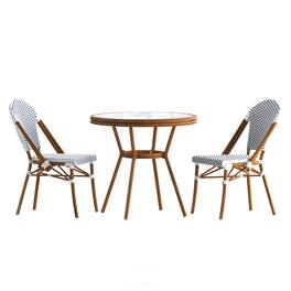 Emma + Oliver - Colmar Indoor/Outdoor Bistro Style 31.5 in. Table with PE Rattan, Glass Top, and Two Chairs - Metal Frame - White & Navy Rattan/Natural Frame