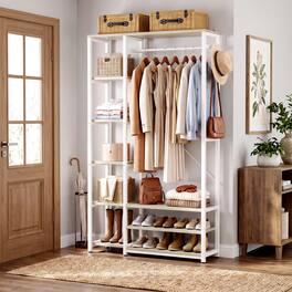 Aheaplus - 35.4" Width Clothing Rack with Hanging Rod, 70.8" Tall Garment Rack with 9 open Shelves & Hooks - White & Beige