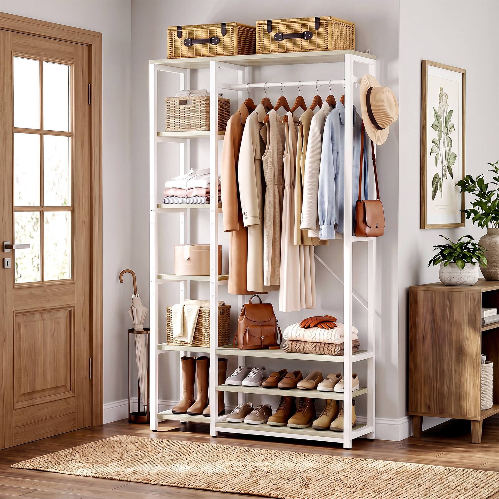 Front. Aheaplus - 35.4" Width Clothing Rack with Hanging Rod, 70.8" Tall Garment Rack with 9 open Shelves & Hooks - White & Beige.