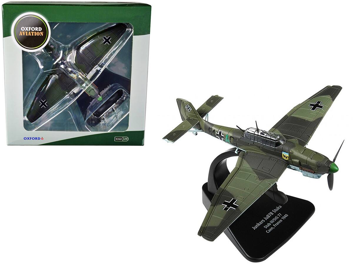 OXFORD AVIATION  
OXFORD  
SCALE 1/72  

Stuka Ju87B  
Junkers E/StG  
Stab Caen, France  
1940  

Junkers Ju87B Stuka  
Stab III/SG 77  
Caen, France 1940