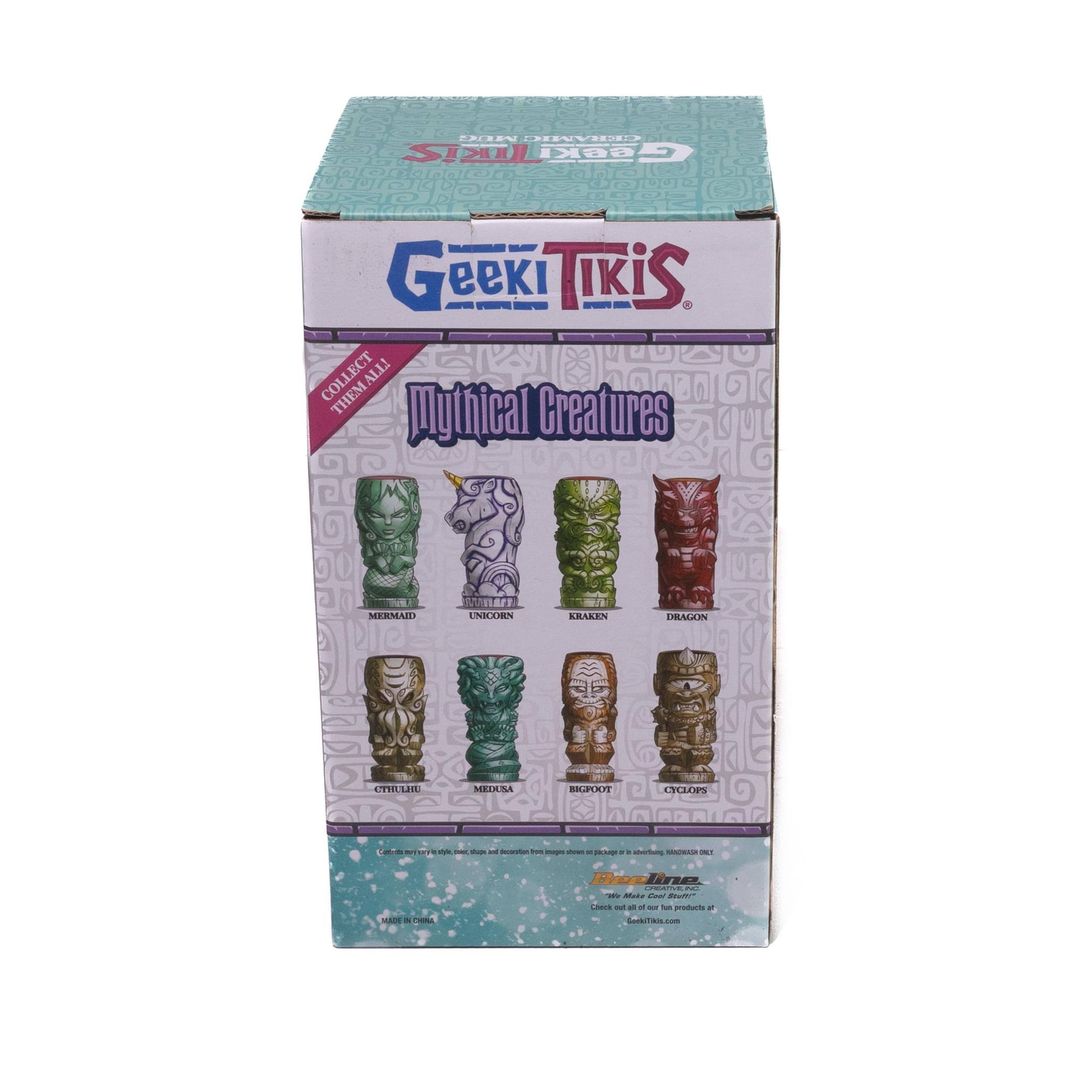 Geeki Tikis  
Mythical Creatures  
Collect Them All!  

- Mermaid  
- Unicorn  
- Kraken  
- Dragon  
- Cthulhu  
- Medusa  
- Bigfoot  
- Cyclops  

Made in China