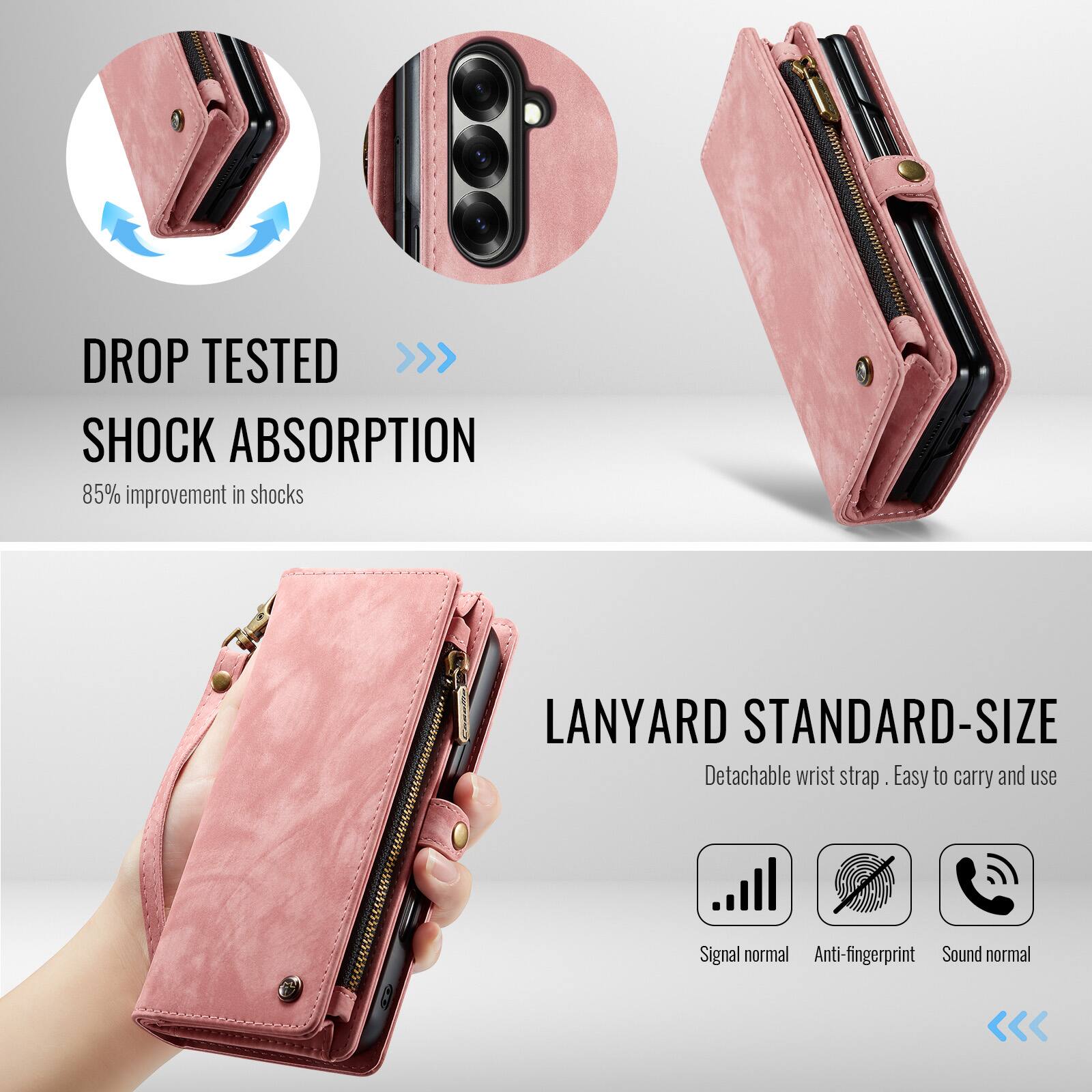 DROP TESTED >>> SHOCK ABSORPTION  
85% improvement in shocks  

LANYARD STANDARD-SIZE  
Detachable wrist strap  
Easy to carry and use  

Signal normal  
Anti-fingerprint  
Sound normal