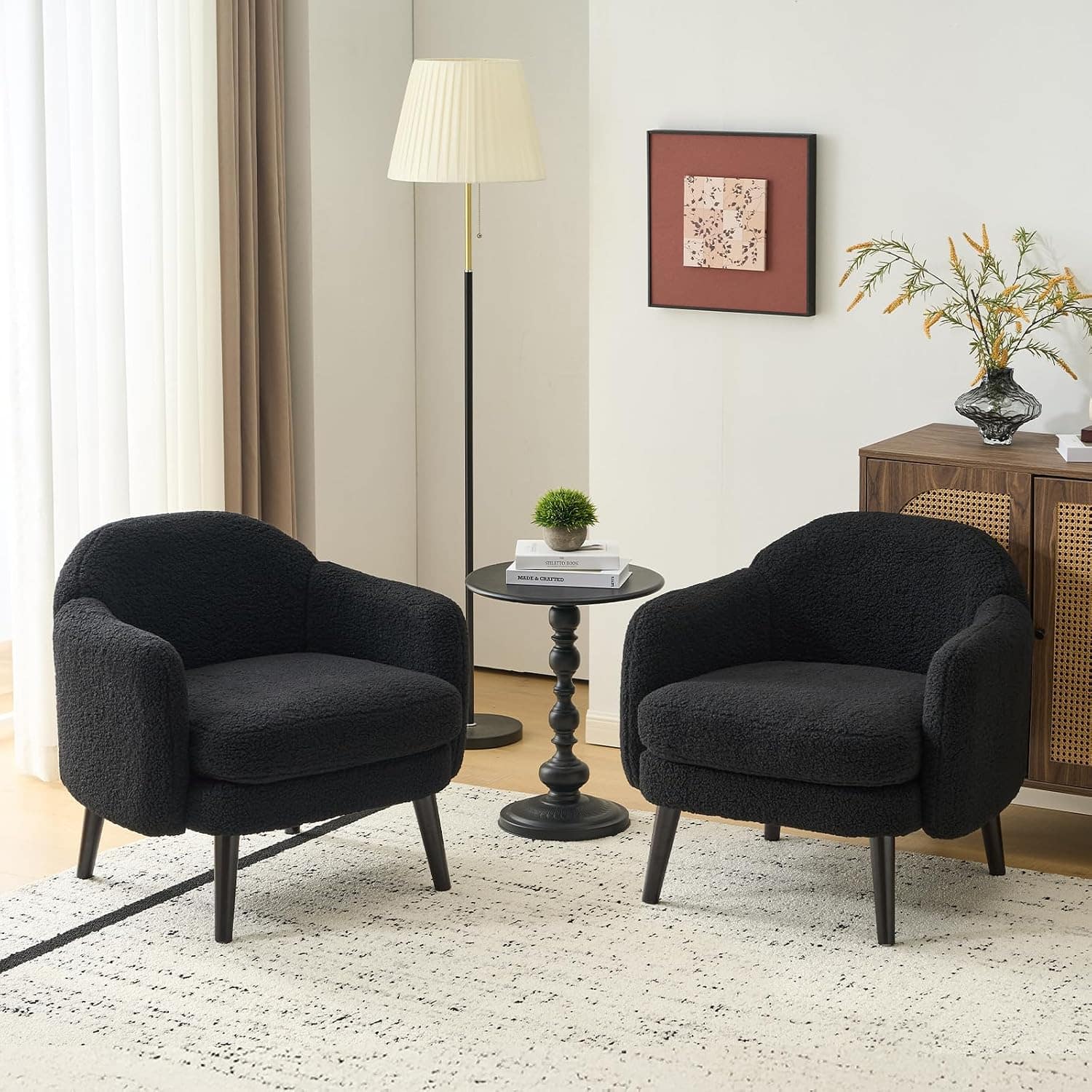 Winado - 2PCS 30.3" Wide Modern Barrel Accent Armchair with Track Armrest, Solid Wooden Legs, Comfy Upholstered Sofa Club Chair - Teddy Fleece-Black