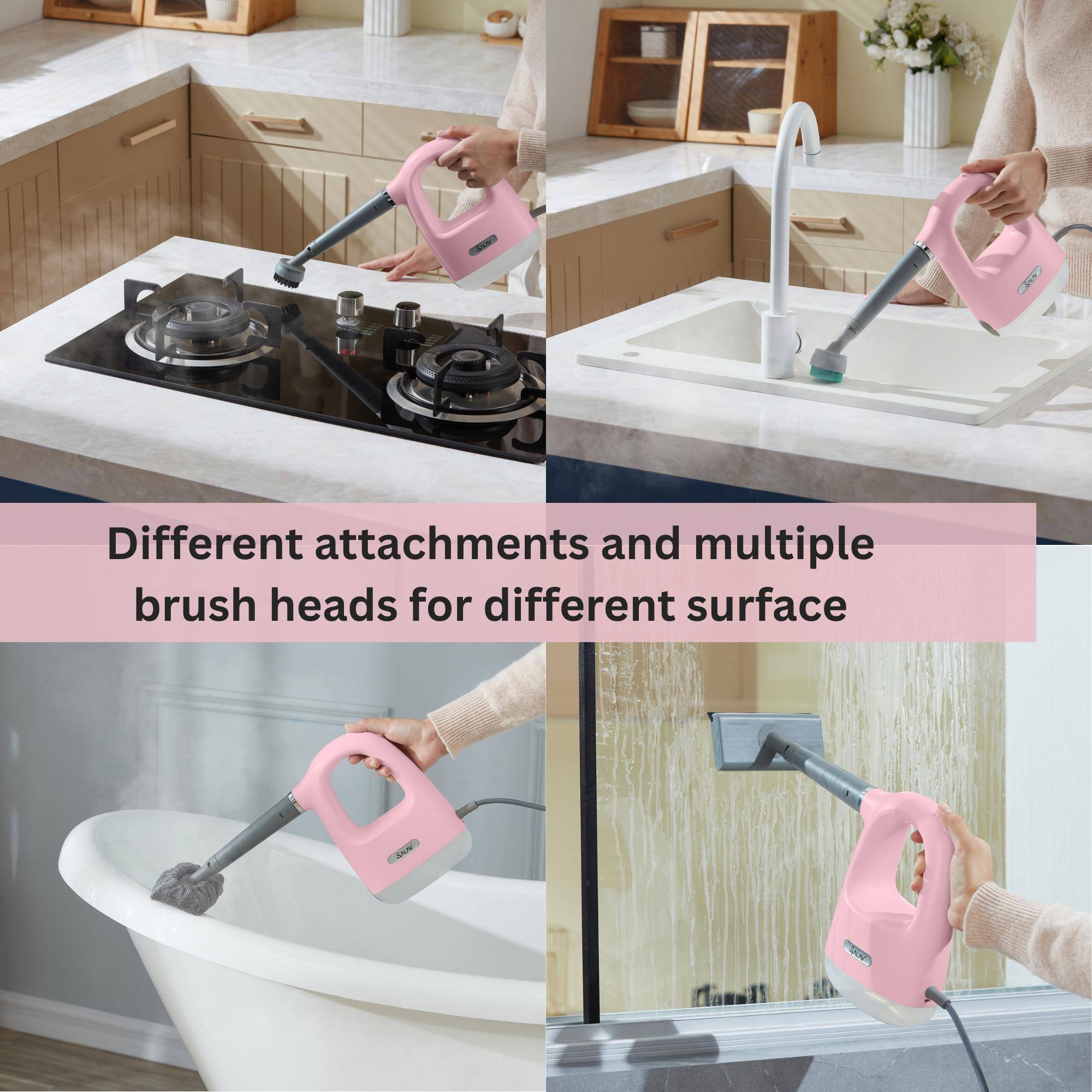 Different attachments and multiple brush heads for different surfaces