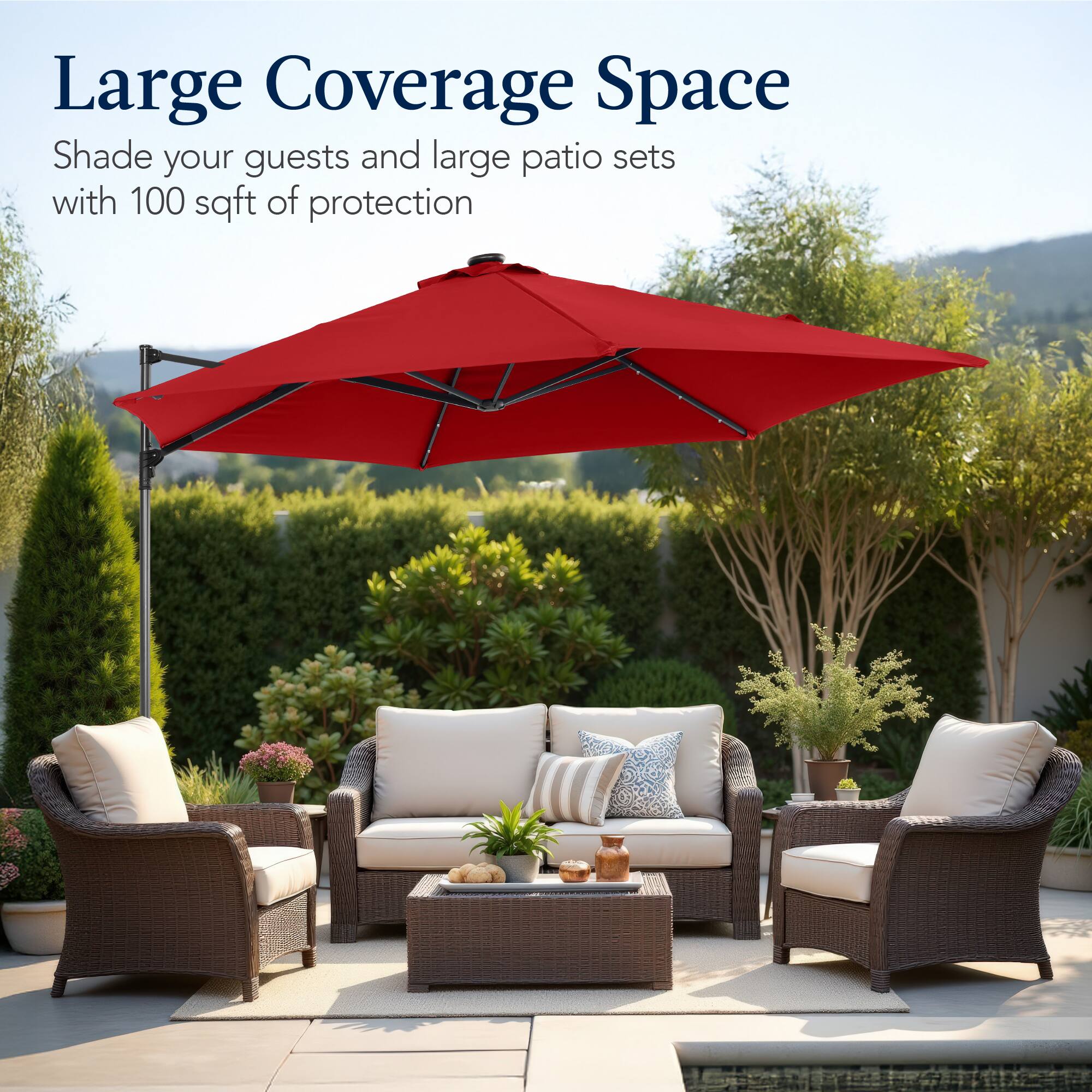 Large Coverage Space

Shade your guests and large patio sets with 100 sqft of protection.