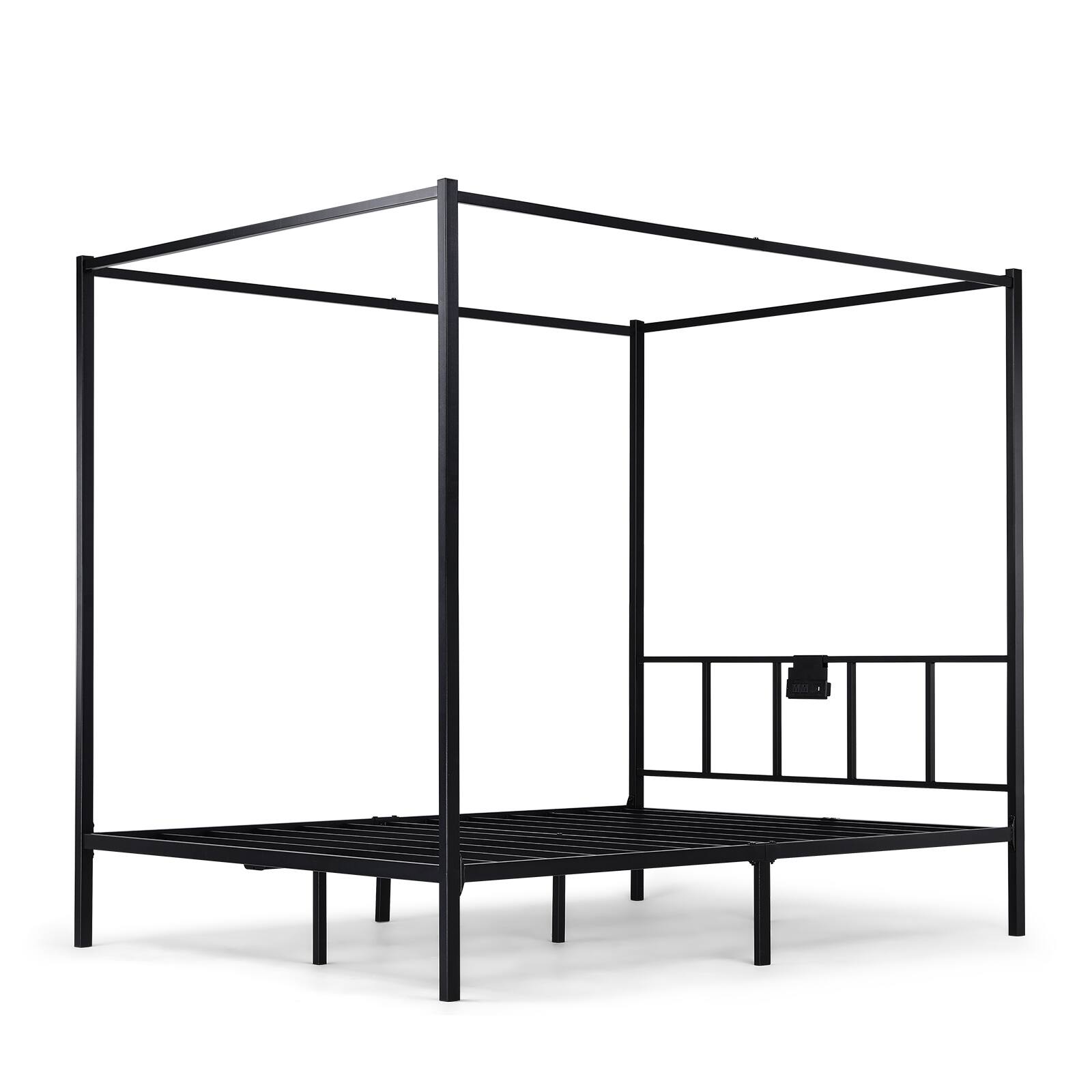 Front. CloudRest Pro - Queen Canopy Bed Frame with Movable Charging Station Metal Bed Frames - Black.