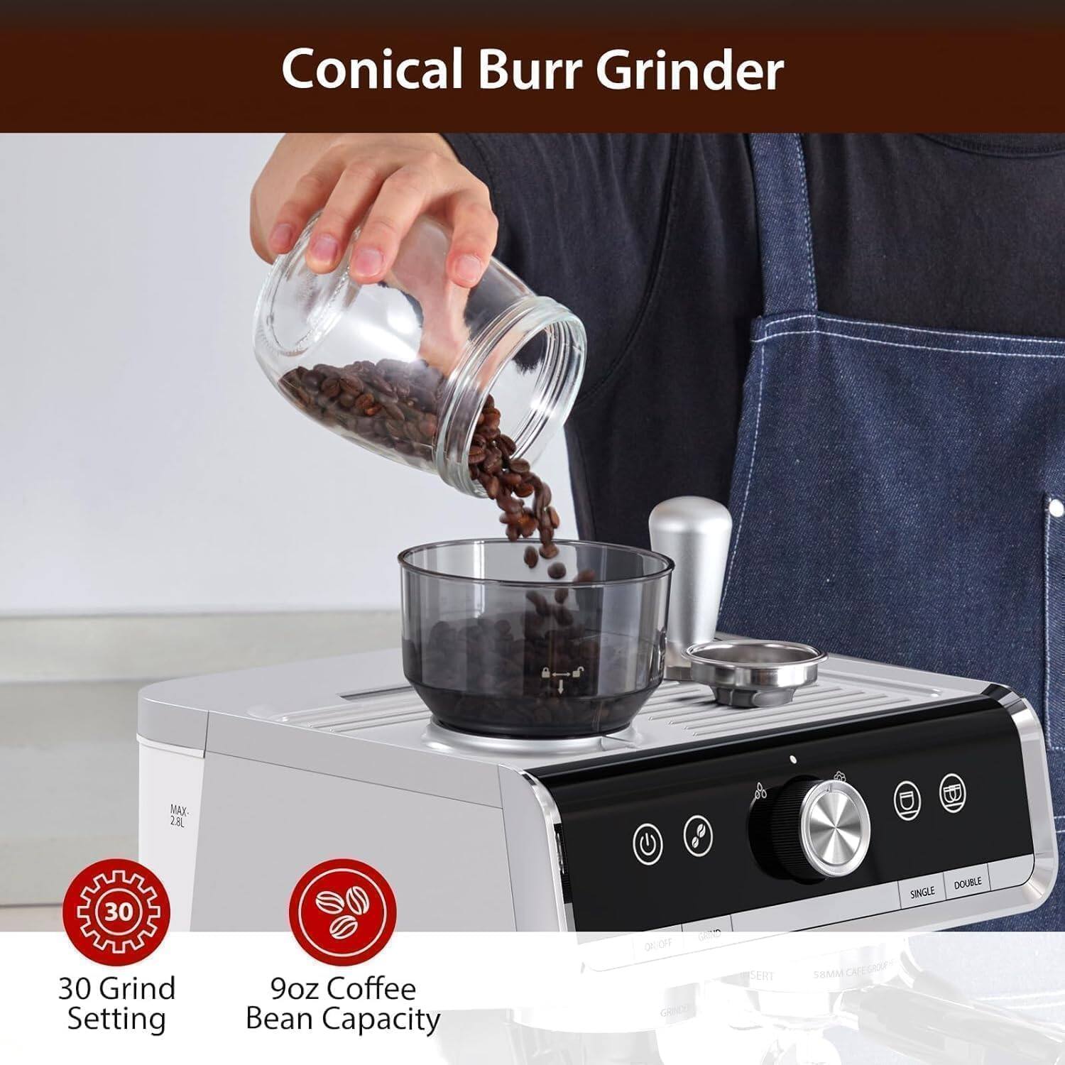 Conical Burr Grinder

30 Grind Setting

9oz Coffee Bean Capacity