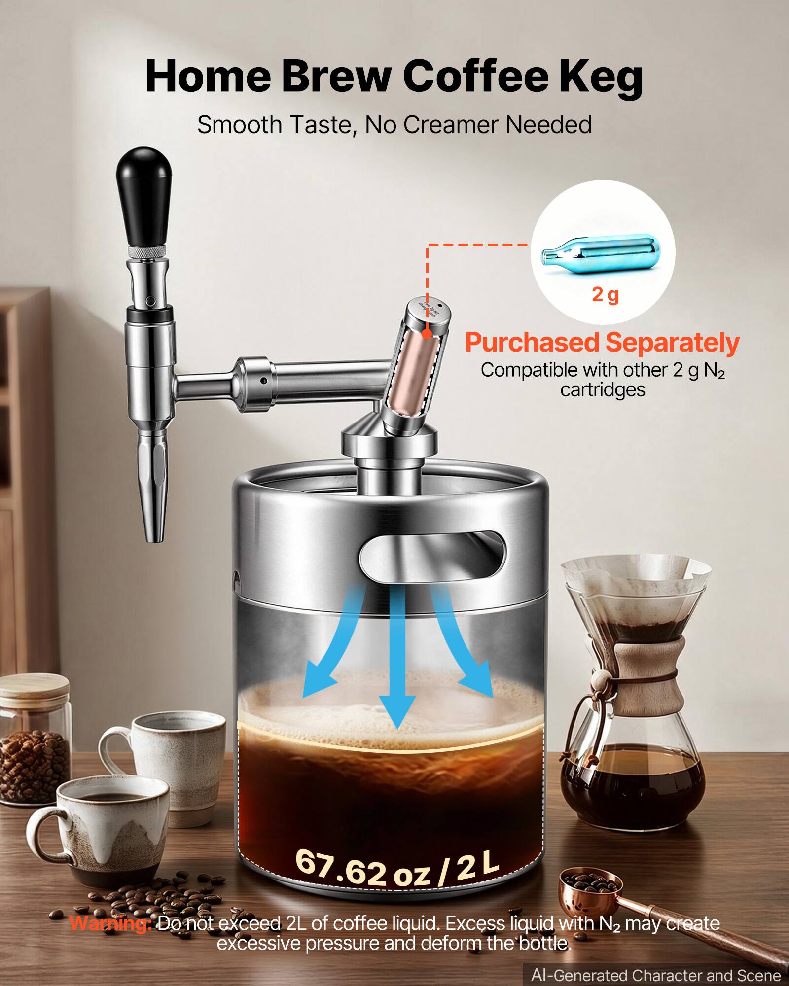 Home Brew Coffee Keg  
Smooth Taste, No Creamer Needed  

2 g Purchased Separately  
Compatible with other 2 g N2 cartridges  

67.62 oz / 2L  

Warning: Do not exceed 2L of coffee liquid. Excess liquid with N2 may create excessive pressure and deform the bottle  

AI-Generated Character and Scene