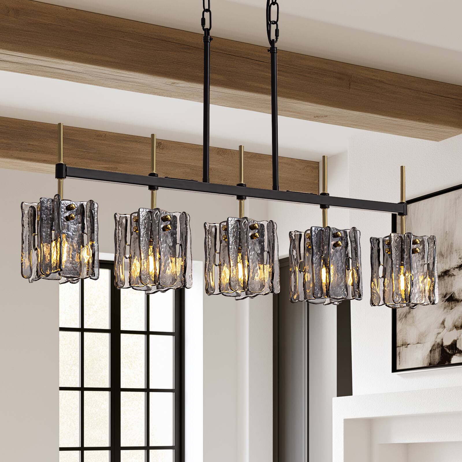 Angle. Siljoy - 36 in 5‑Light Linear Pendant, Black Metal Frame, Smoke Gray Textured Glass Shades, E12 Adjustable Height for Living Room - Black.
