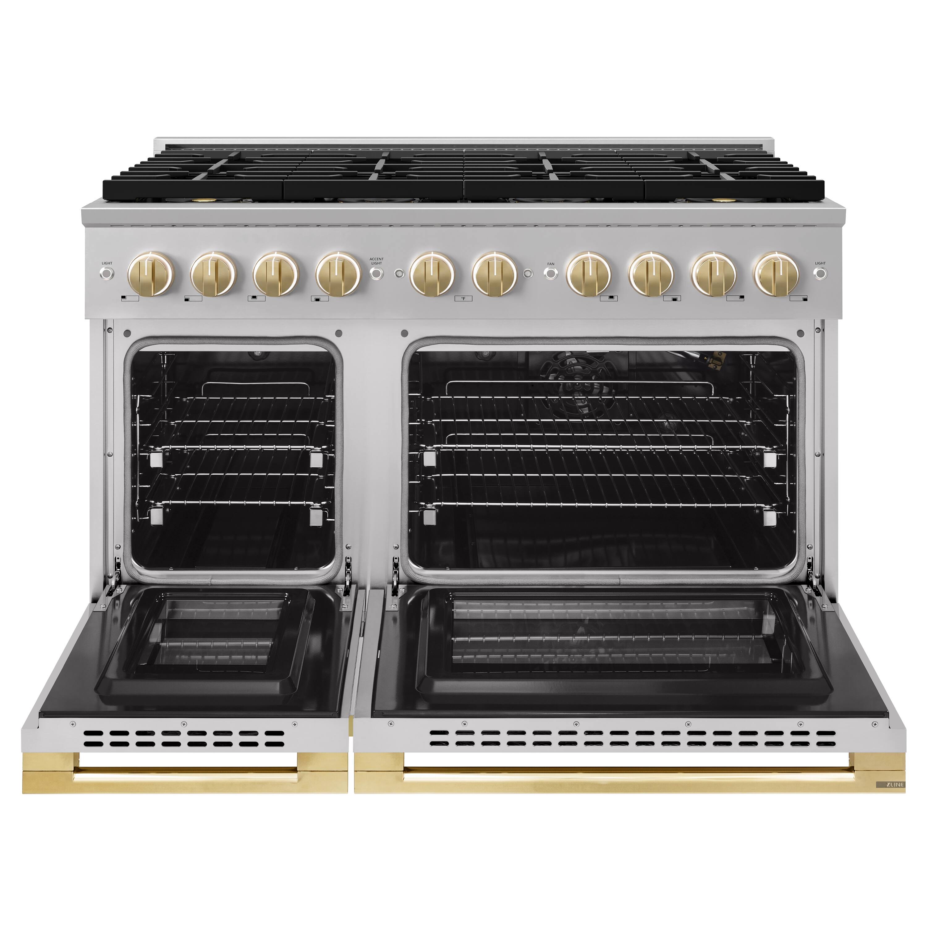 Angle. ZLINE - Autograph 48 in. 6.7 cu. ft. Double Oven Marino Freestanding DuoPro Gas Range with Convection Oven with Gold Accents - Stainless Steel.