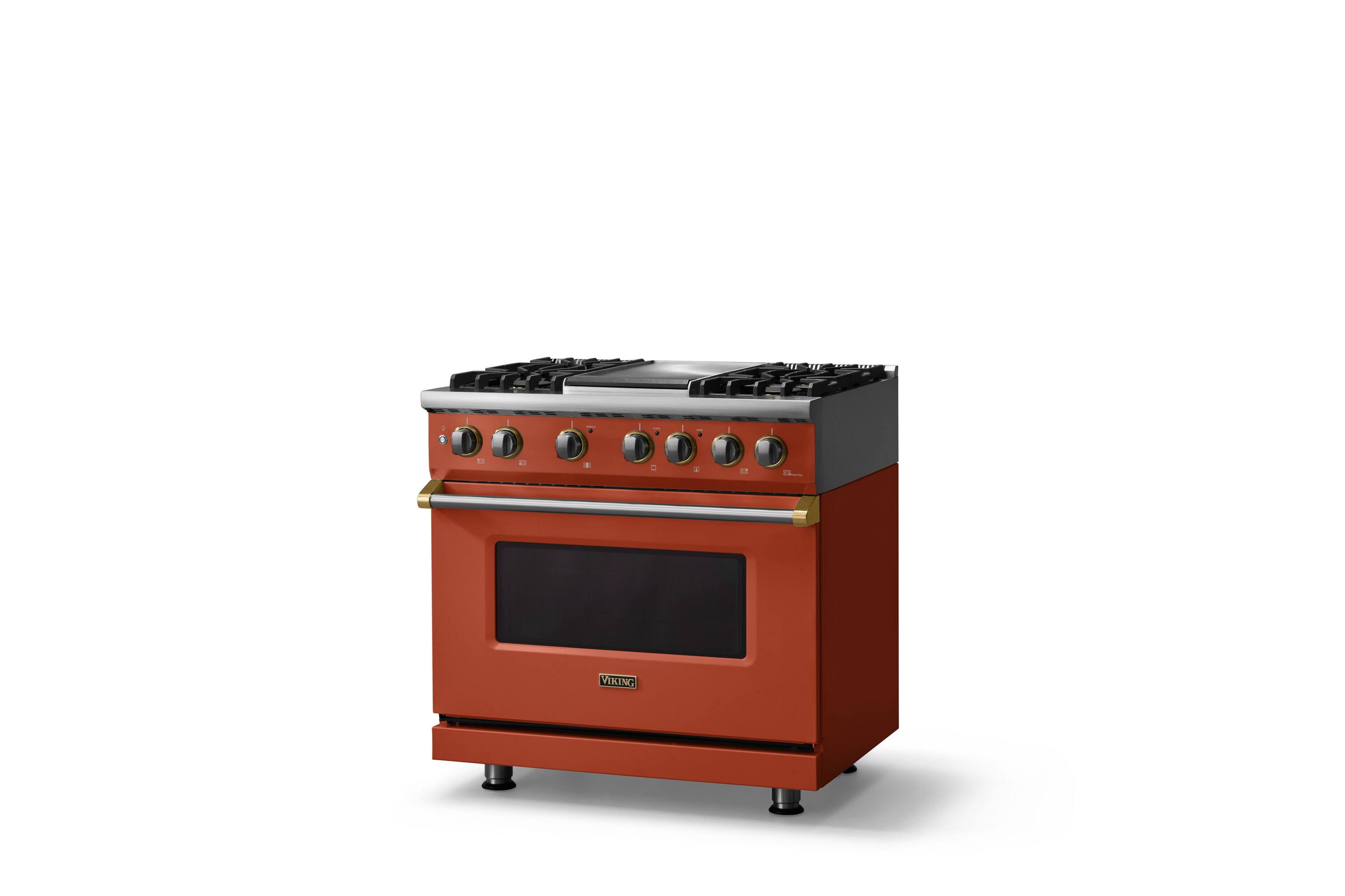 Angle. Viking - 36"W. Pro5S 5.6 Cu. Ft. Freestanding Self-Clean Sealed 4B LP DF Convection Range/Grdl-Spiced Cider/Brushed Brass - Spiced Cider.
