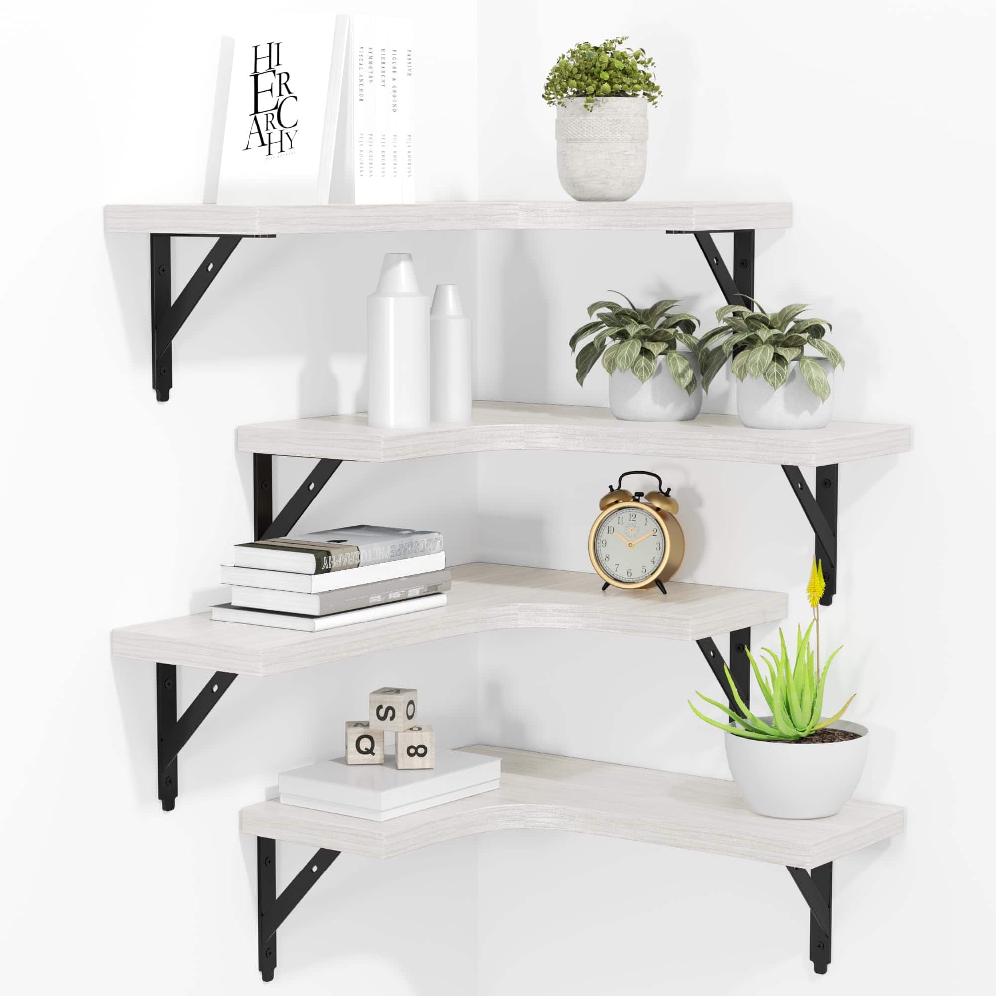 Front. Dazzed Corner - Corner Floating Shelves Wall Mounted Set of 4 - White.
