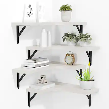 Front. Dazzed Corner - Corner Floating Shelves Wall Mounted Set of 4 - White.