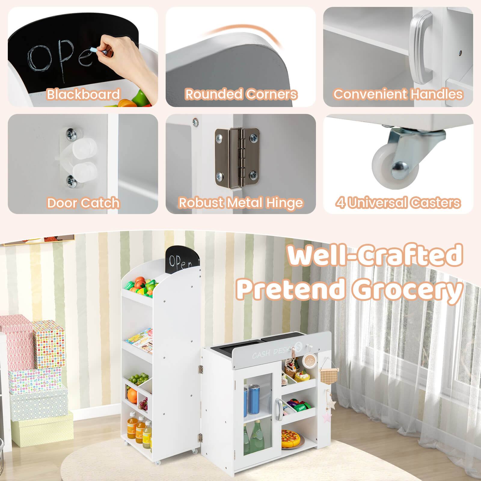 - Blackboard
- Rounded Corners
- Convenient Handles
- Door Catch
- Robust Metal Hinge
- 4 Universal Casters
- Well-Crafted Pretend Grocery