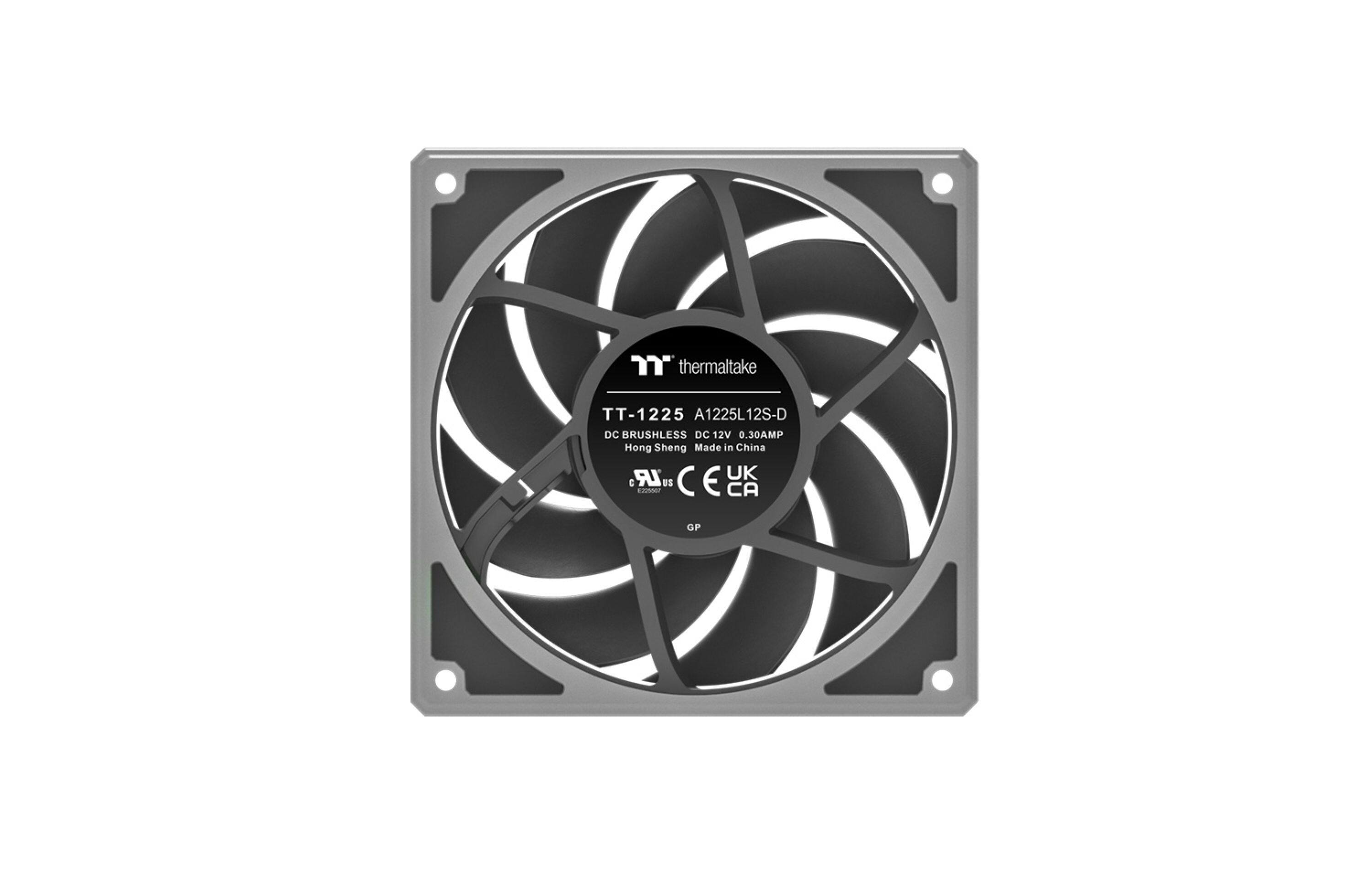 Thermaltake  
TT-1225 A1225L12S-D  
DC BRUSHLESS DC 12V 0.30AMP  
Hong Sheng Made in China  
CE UK CA GP