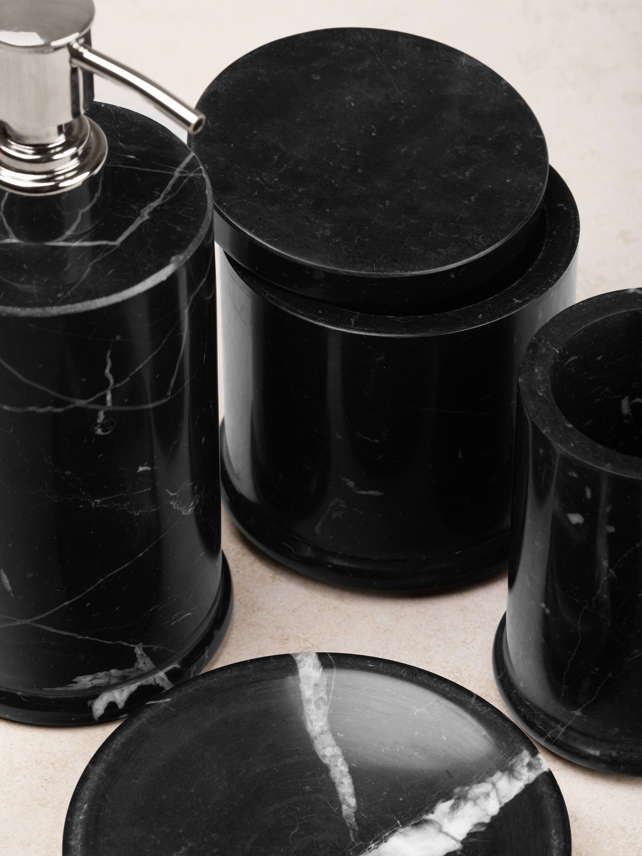 Left. GAURI KOHLI - Marquina Bath Accessories - Shades of black with streaks of white1.