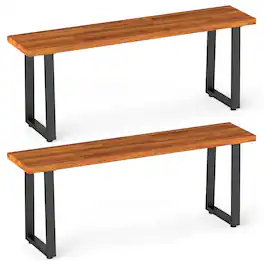Costway - Wood Patio Bench Set of 2, 47.5" Long Dining Bench with Metal Legs, Indoor Outdoor - Natural