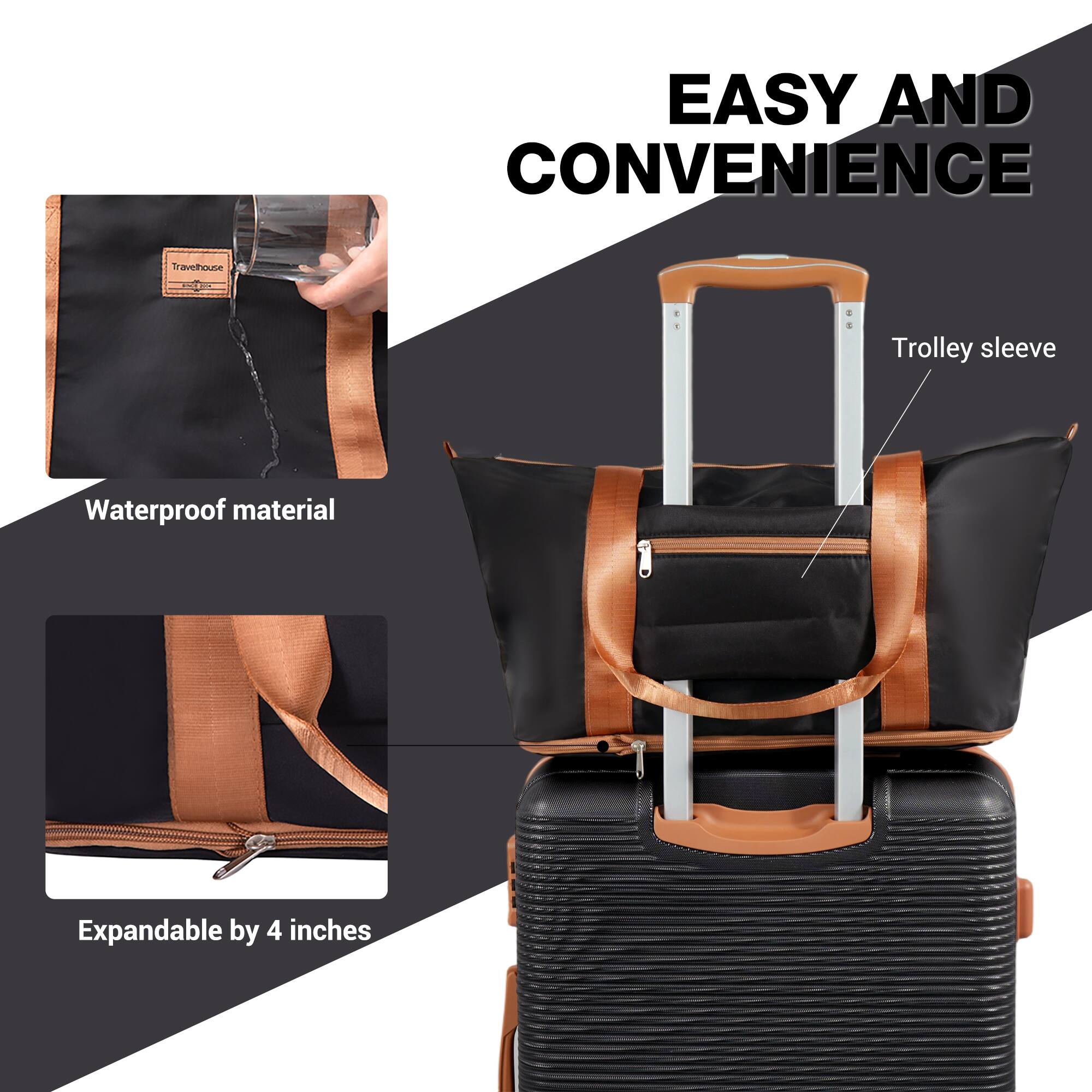 EASY AND CONVENIENCE

Travelhouse

Waterproof material

Trolley sleeve

Expandable by 4 inches